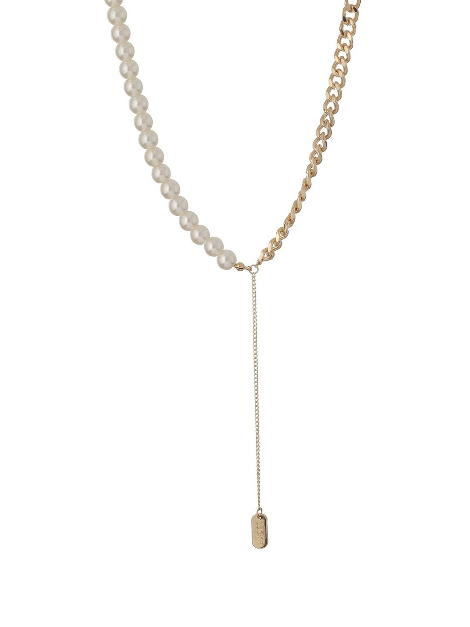 Prita by Priyaasi White Pearl Link Tag Drop Gold-Plated Necklace