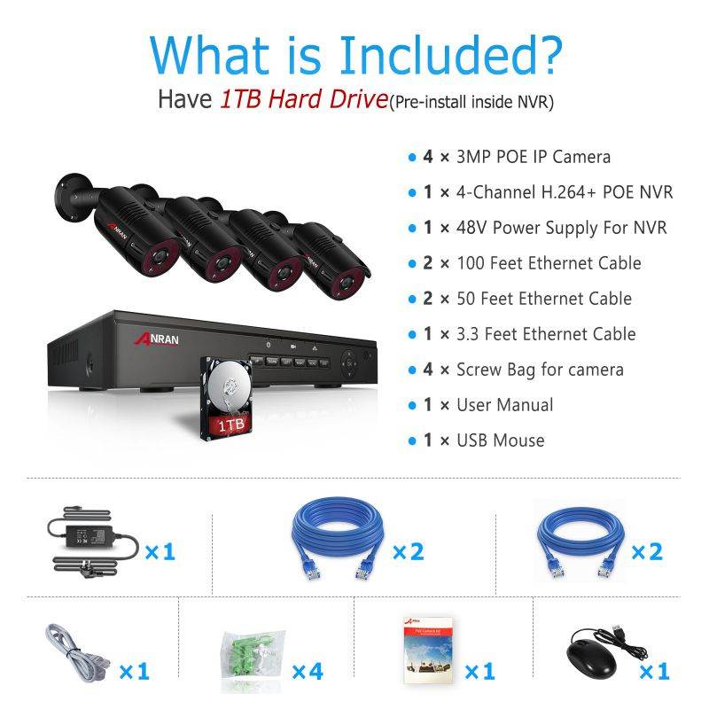 ANRAN 1536P Home Security Camera System with 1TB Hard Drive H.265+ 4CH Full 5MP HD Video POE NVR Recorder with 4X HD 1536P Indoor Outdoor Weatherproof CCTV Cameras ,Motion Alert,Remote Access
