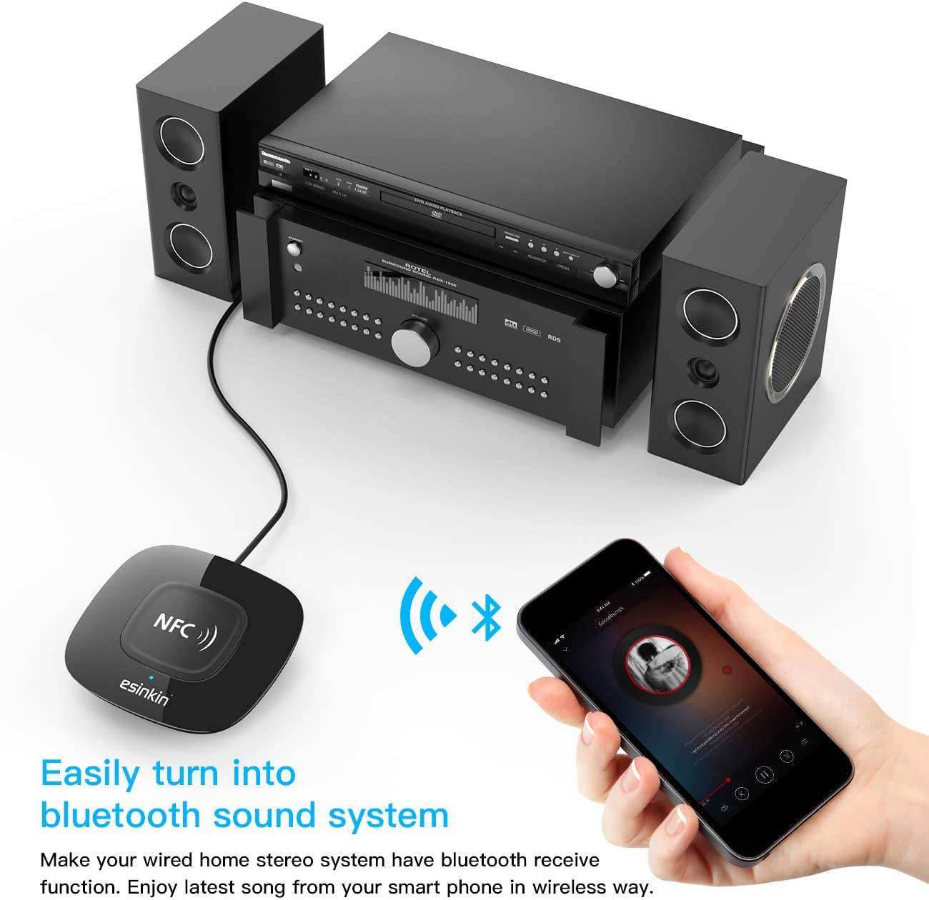 Bluetooth Receiver Wireless, NFC-Enabled Audio Adapter 4.0 for HD Home Stereo Music Streaming Sound System for 3.5mm (AUX and RCA)