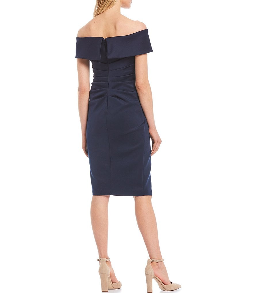 Xscape Off-the-Shoulder Scuba Crepe Ruffle Front Sheath Dress