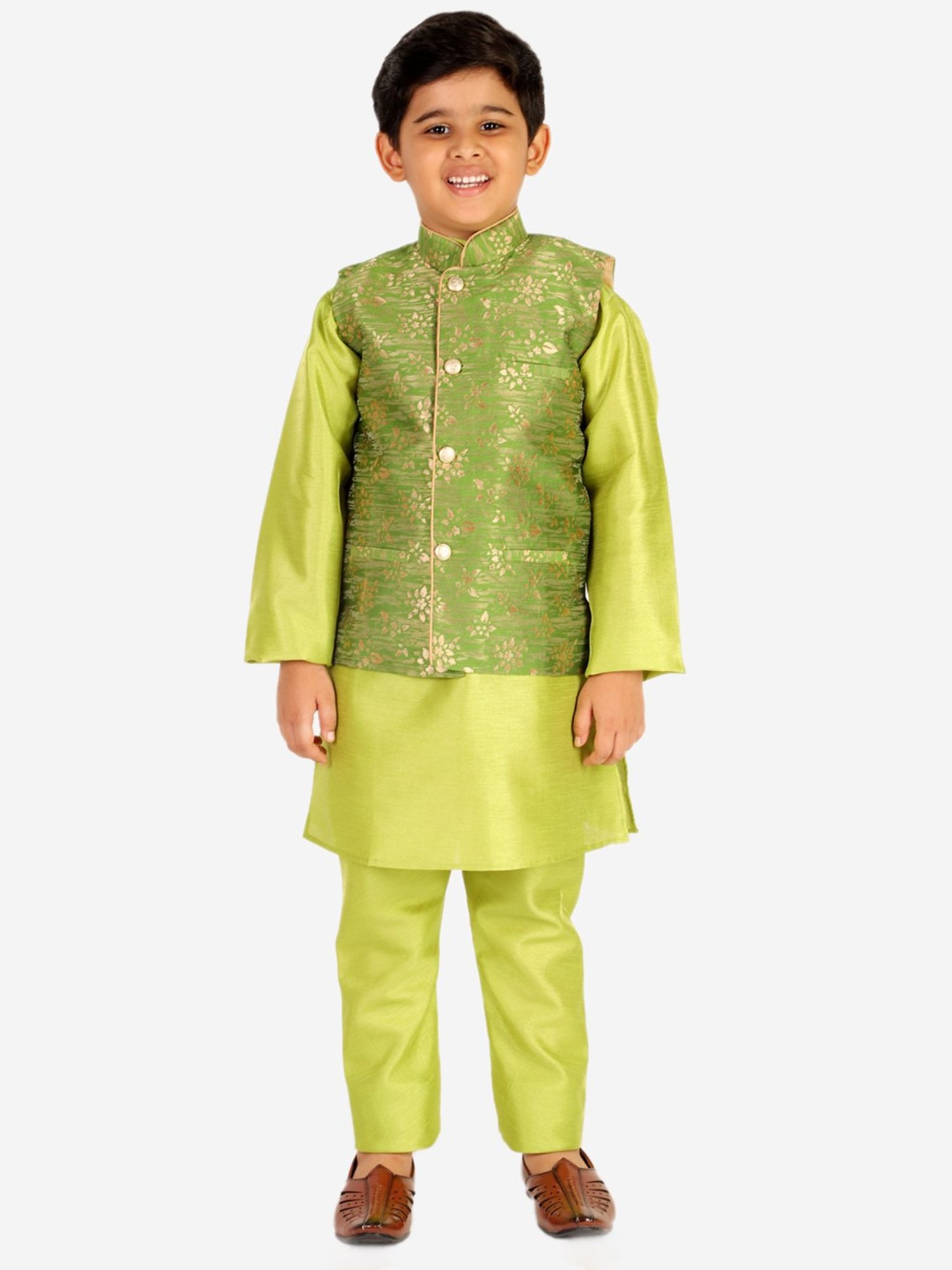 Pro-Ethic Style Developer Kids Green Floral Print Full Sleeves Kurta, Waistcoat with Pyjamas