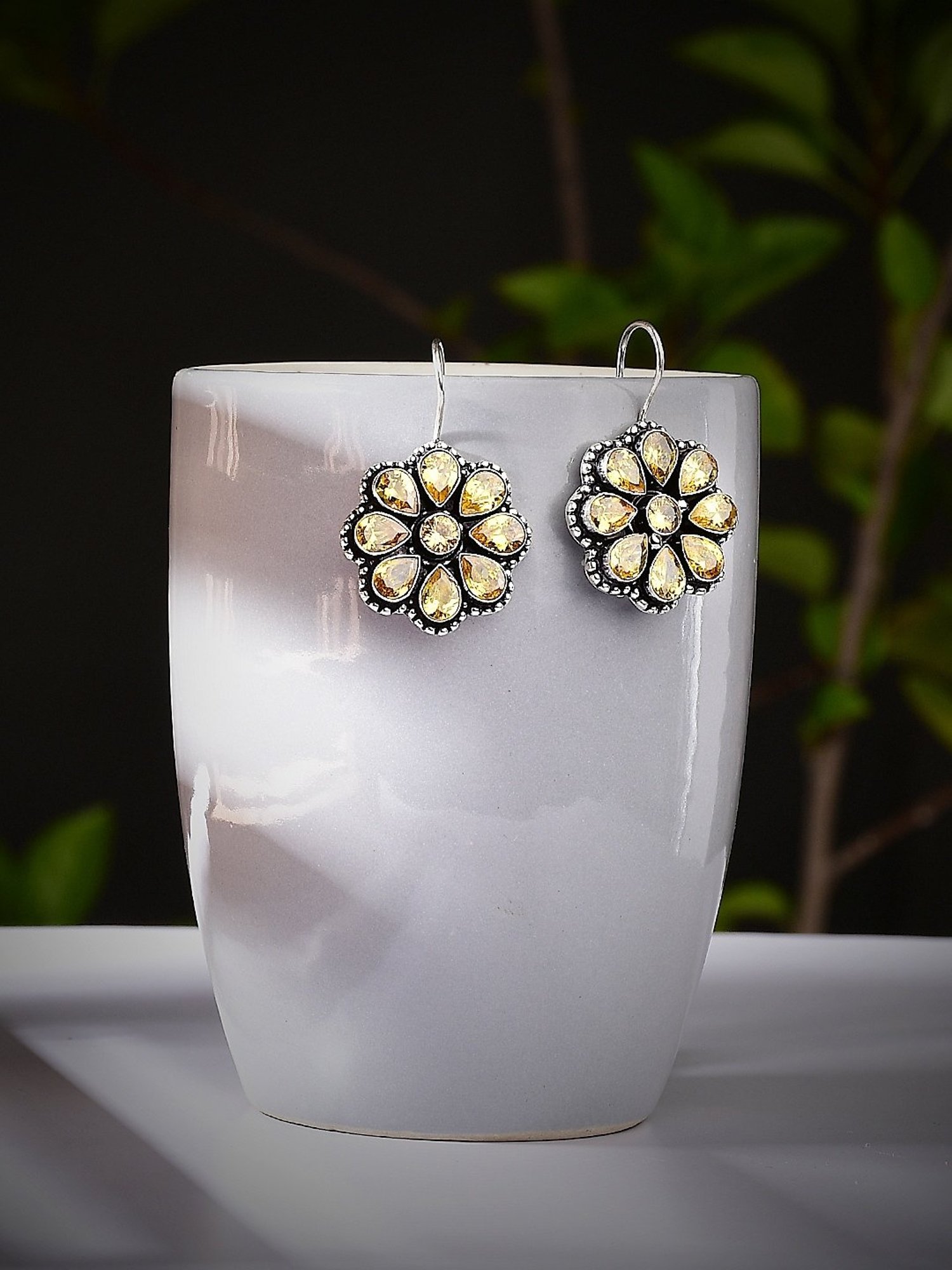 Imli Street Yellow Silver Tone Stone-Studded Handcrafted Drop Earrings