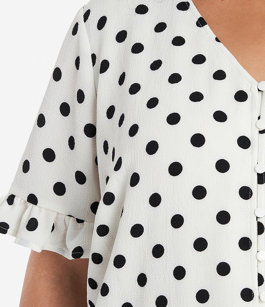 CeCe Plus Size V-Neck Ruffled Short Sleeve Disco Dot Button Front Blouse