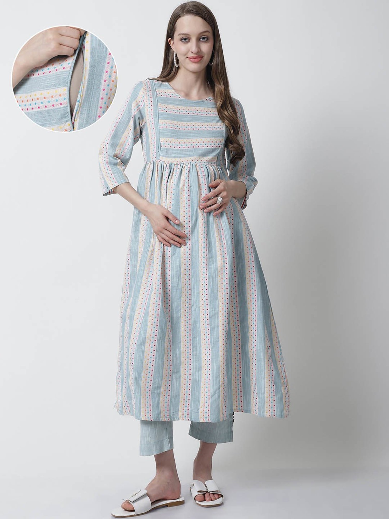 Moms Maternity Sea Green Striped Maternity Kurta Pant Set