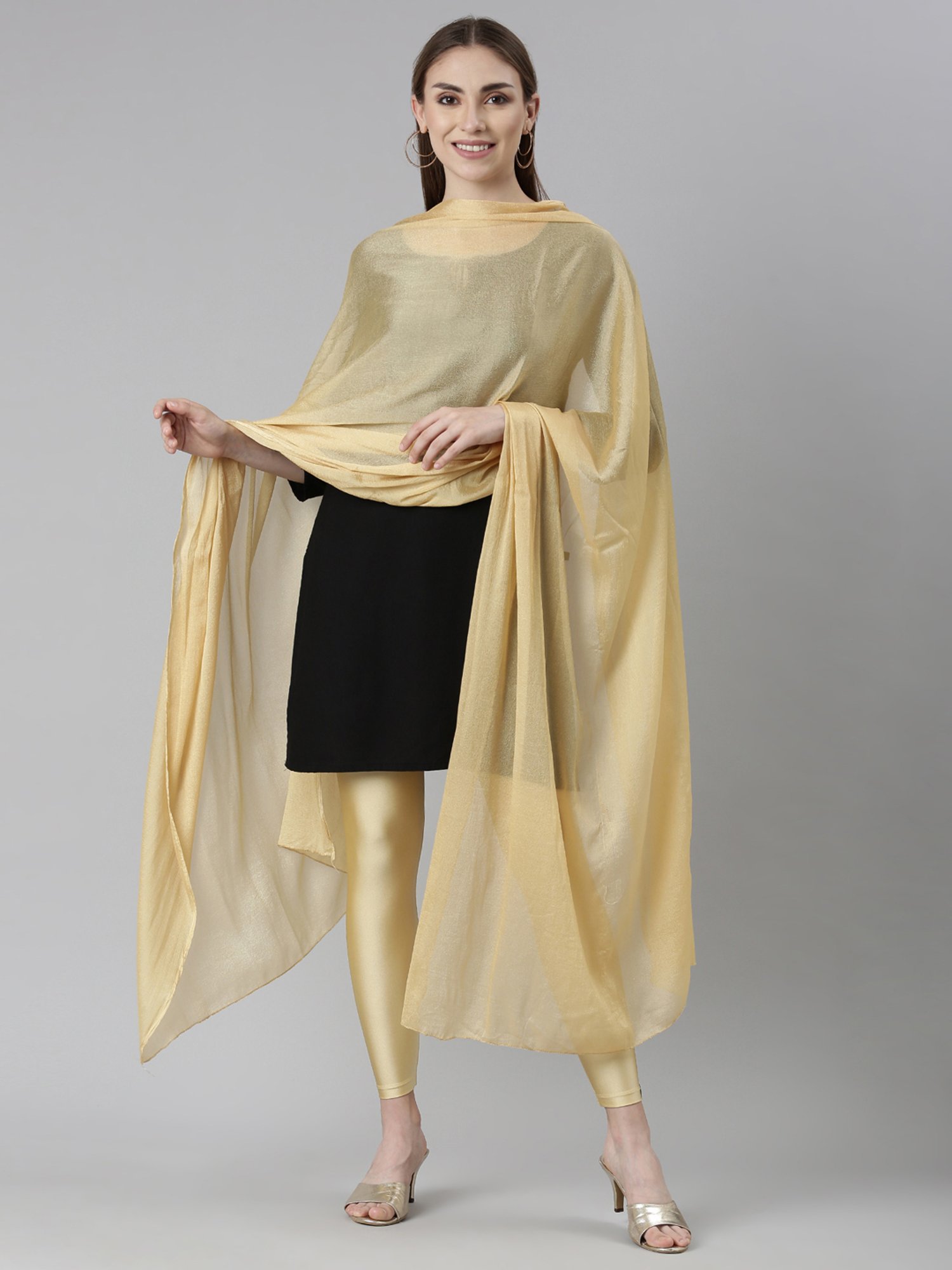 TWIN BIRDS White & Golden Plain Dupatta - Pack Of 2