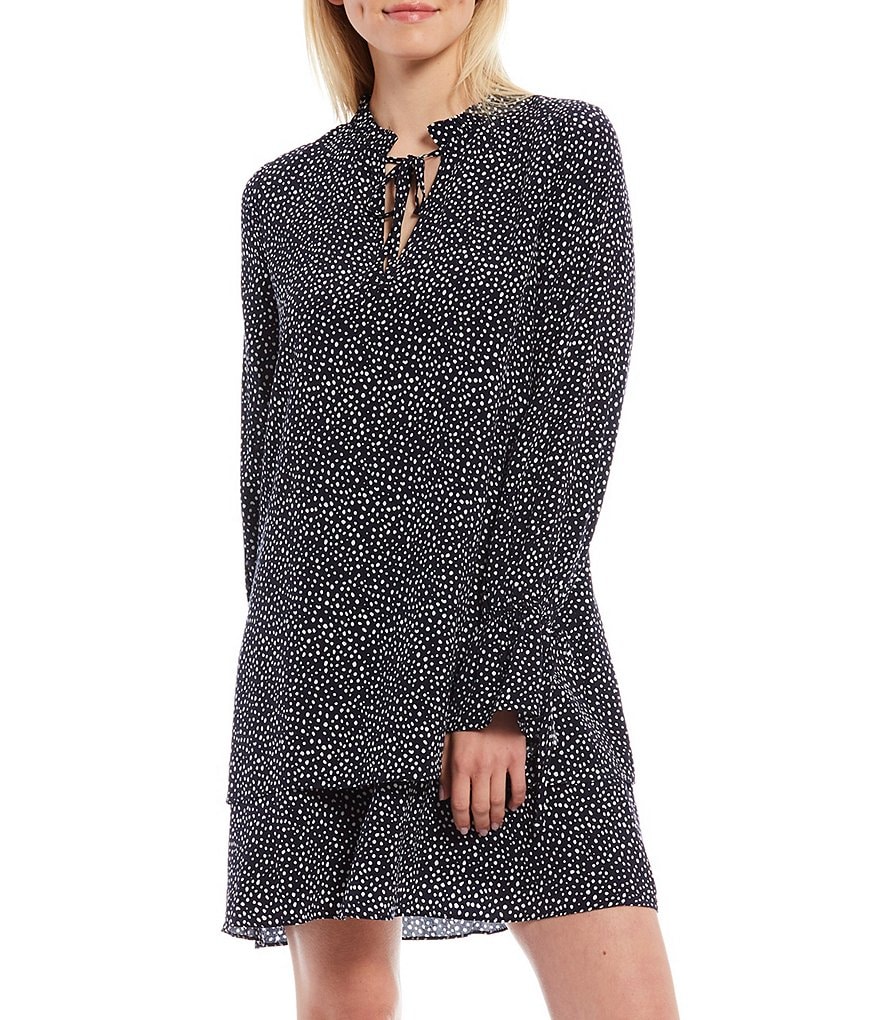 Sugarlips Rosa Dot Print Tie Keyhole Long Sleeves Tiered Shift Dress