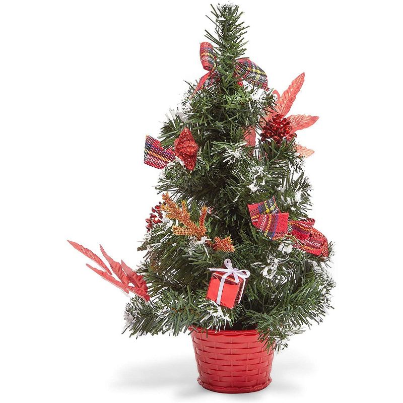 Okuna Outpost Mini Christmas Tree Pine Tree with Plaid Bows and Red Pinecones (16 Inches)