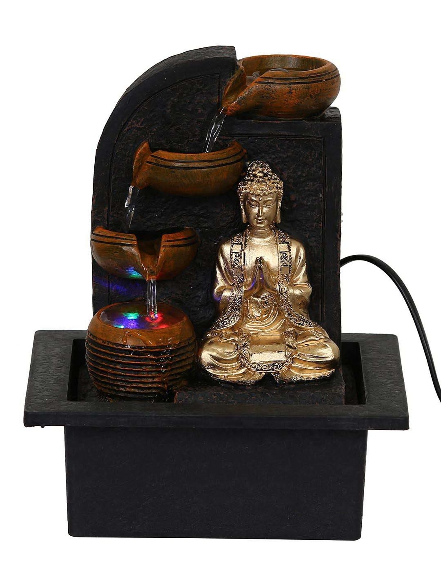 CHRONIKLE Brown & Golden Polyresin Namaskara Mudra Buddha 3 Steps Waterfall Fountain