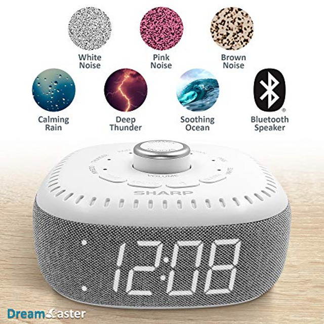 DreamCaster by Sharp Sound Machine Alarm Clock with Bluetooth Speaker, 6 High Fidelity Sleep Machine Soundtracks - White Noise Machine for Baby, Adults, Home and Office - White LED