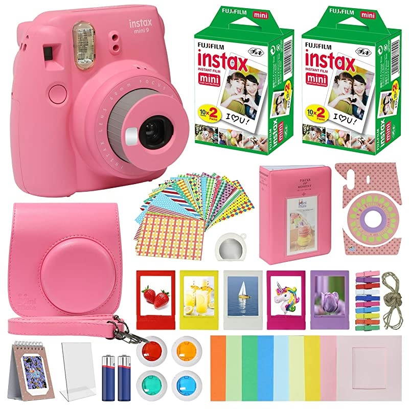 Instax Mini 9 Instant Kids Camera Flamingo Pink with Custom Case + Fuji Instax Film Value Pack 40 Sheets Accessories Bundle Color Filters Photo Album Assorted Frames Selfie Lens + More