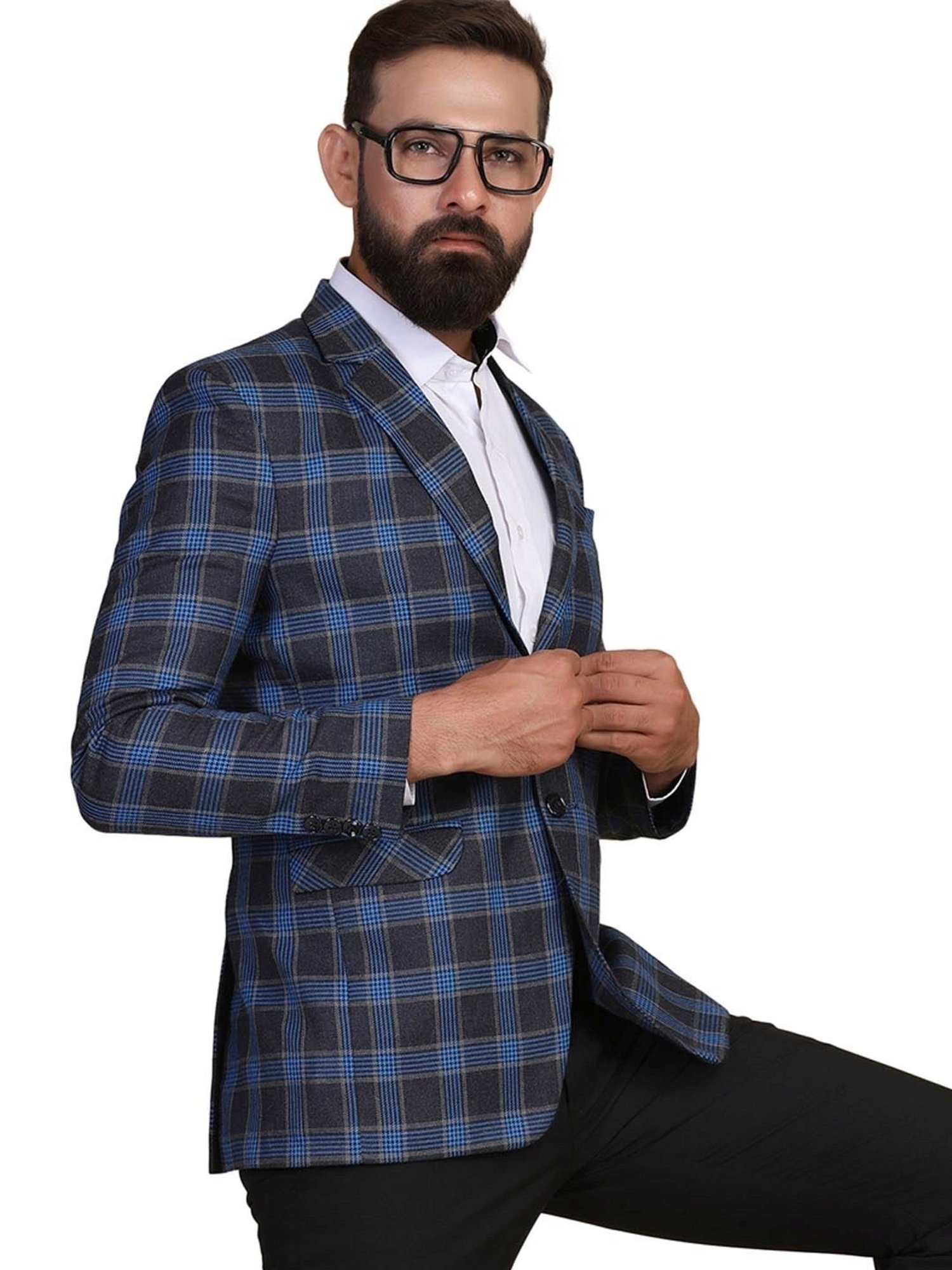 TAHVO Blue  Slim Fit Checks Two Piece Suit