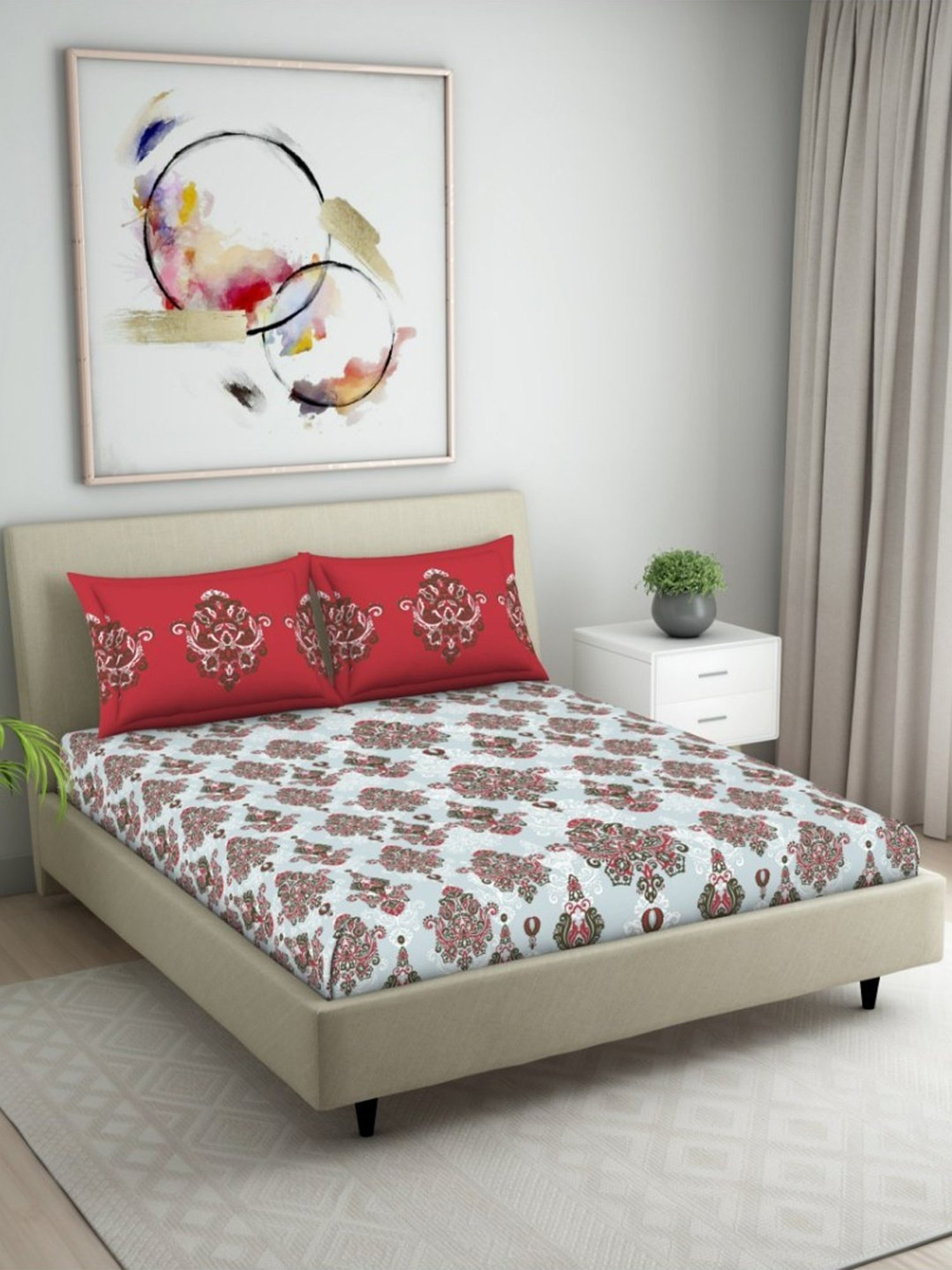 Welspun Red 144 TC Cotton Queen Bed Sheet with 2 Pillow Covers