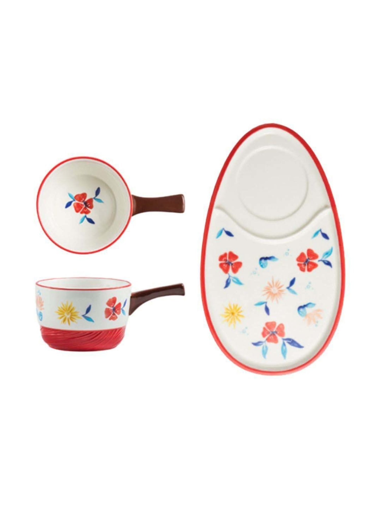Nestasia Floral Printed White & Red Elegant Dining Set of 1 Pot with Handle & 1 Tray