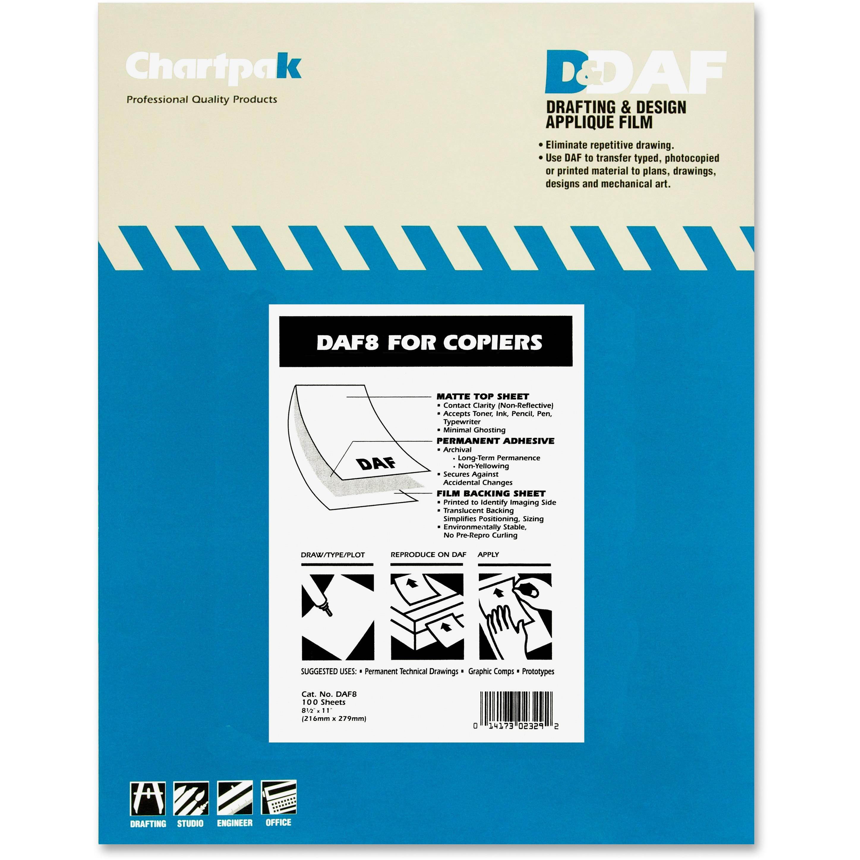 Chartpak Self-Adhesive Drafting Applique Film, 8-1/2 x 11, Clear, 100/Box