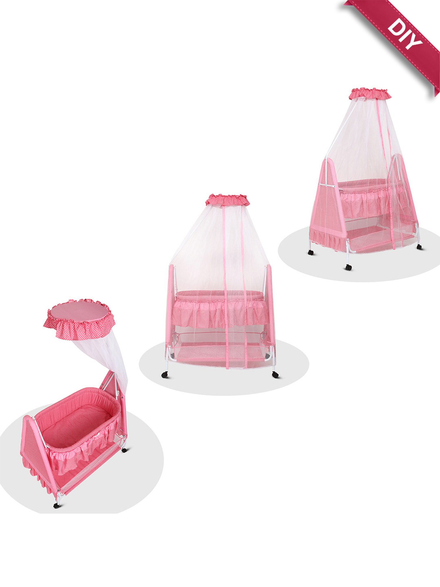 Kiddery Pink Baby Cradle with Mosquito Protection Net (Age 0-8 Months)