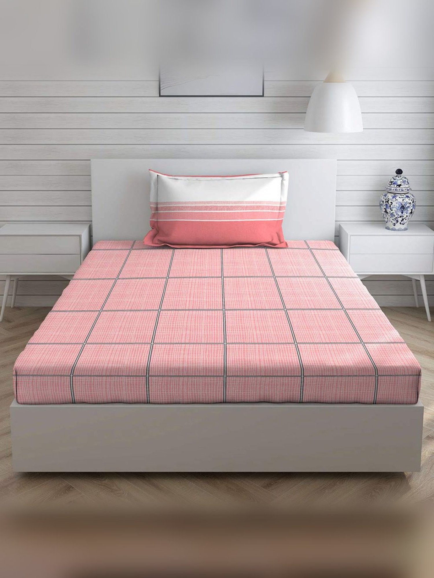Layers Lombardy Checks Pink 140 TC Cotton Single Bed Sheet with 1 Pillow Cover