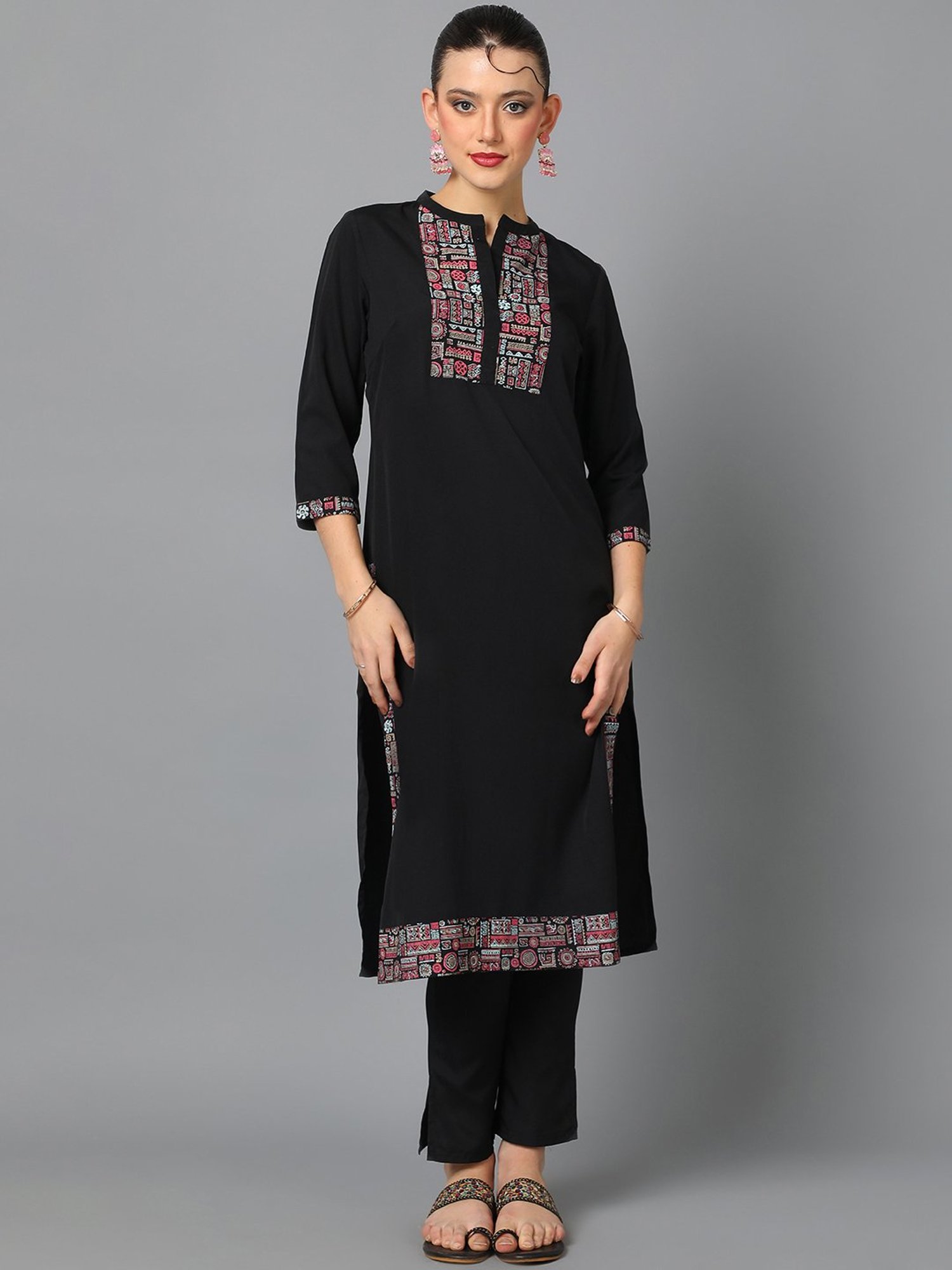 Ziyaa Black Geometric Print Kurta Pant Set