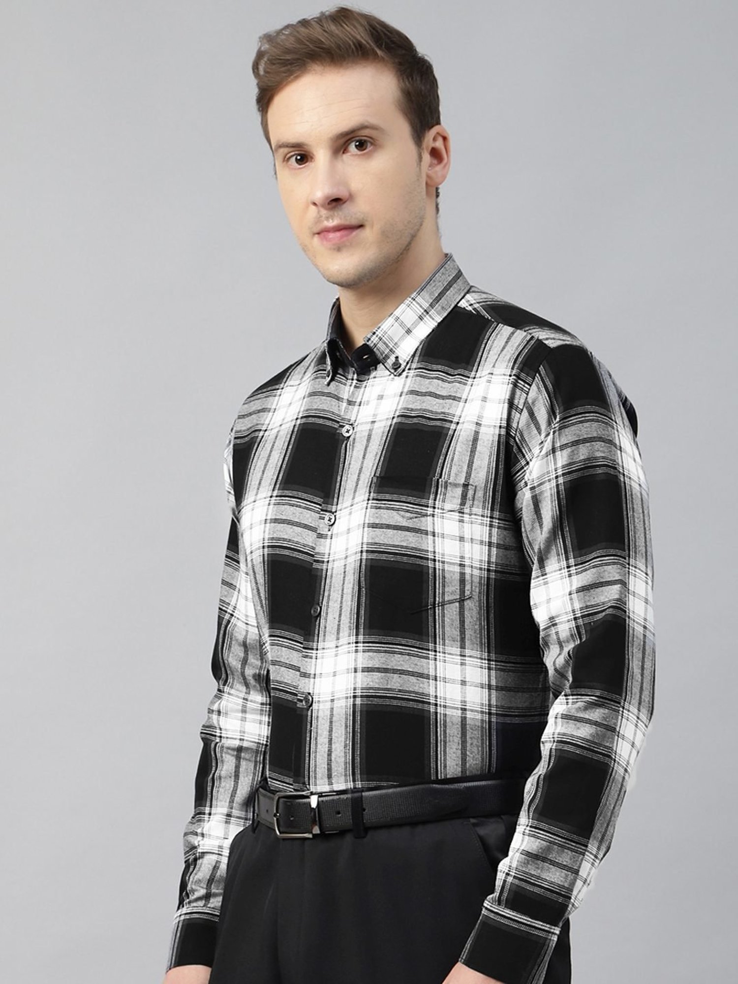 Hancock Black & White Cotton Slim Fit Checks Shirt