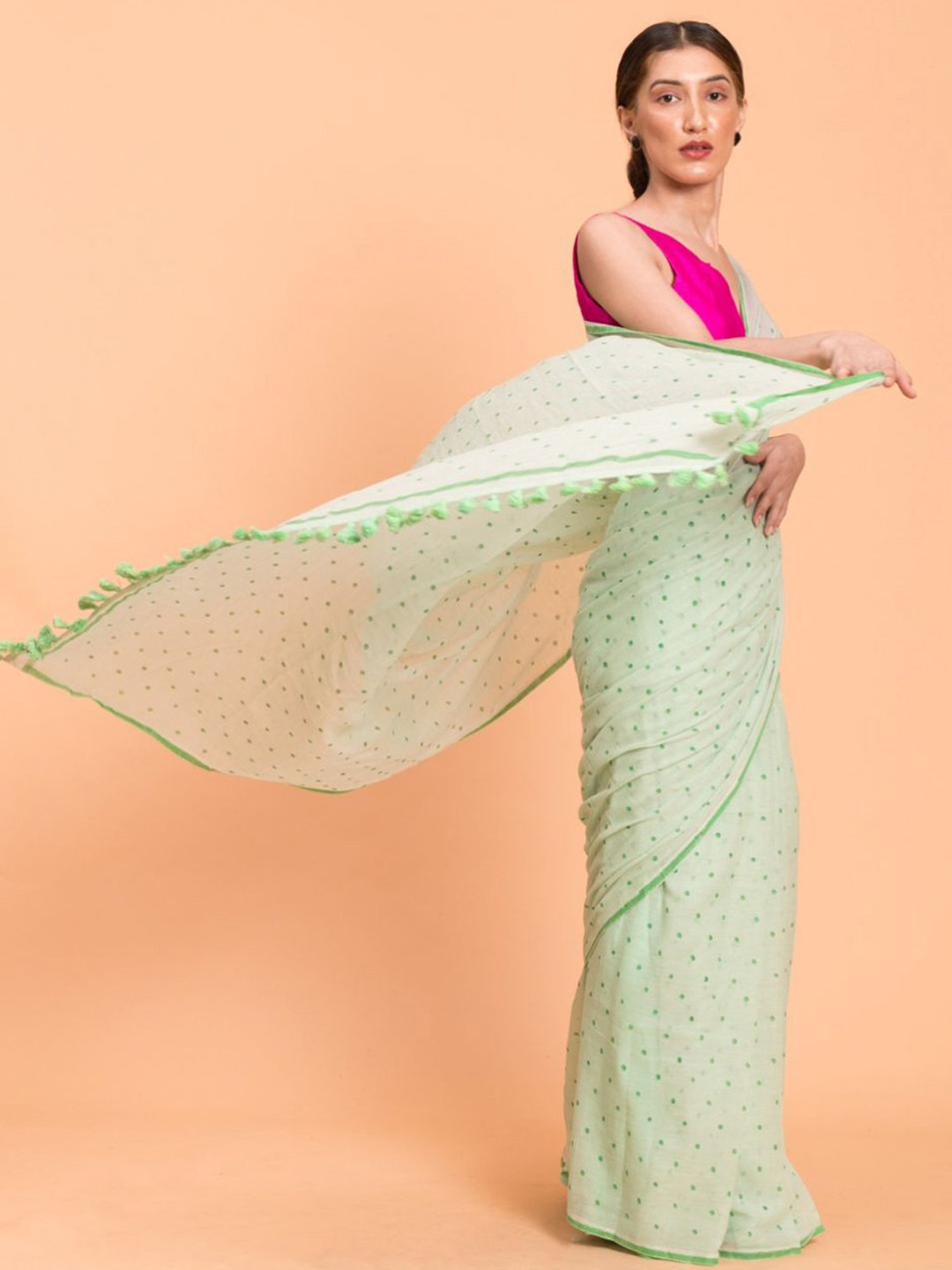 Suta Green Cotton Polka Dots Saree Without Blouse