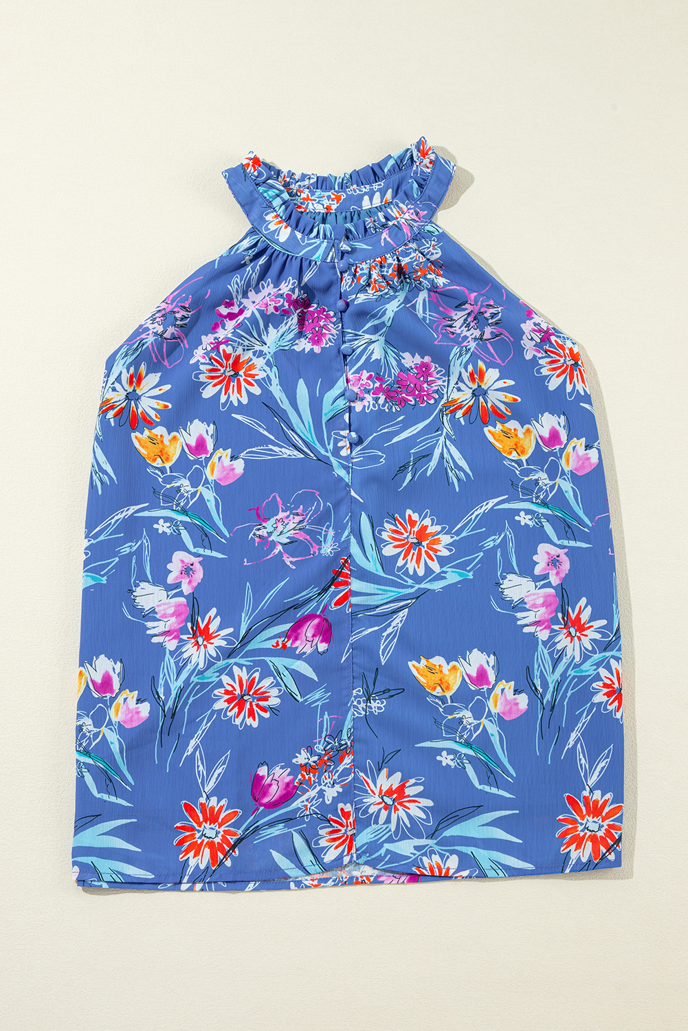 White Spotted Print Tie Neck Color Block Halter Sleeveless Shirt