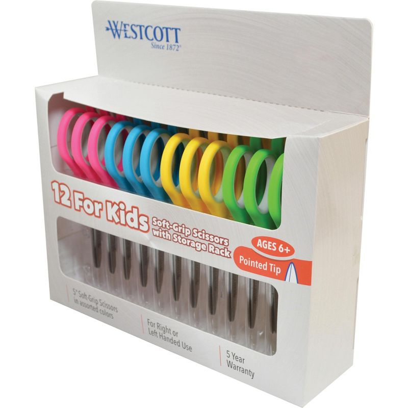Westcott Soft Grip Pointed Tip Kids Scissors, 5 Inches, Assorted Colors, pk of 36