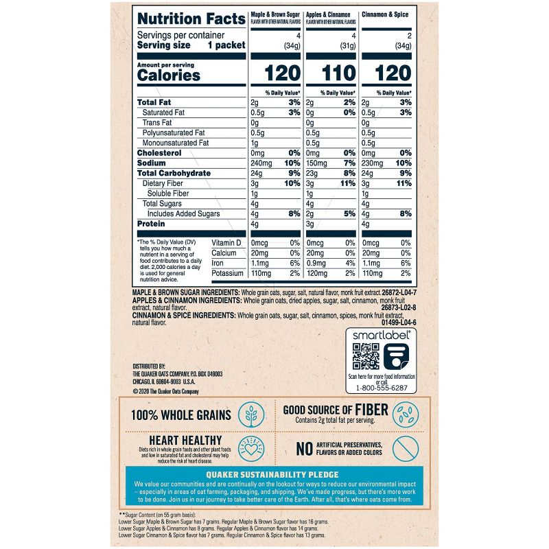 Quaker Instant Oatmeal Lower Sugar Variety Pack - 10ct