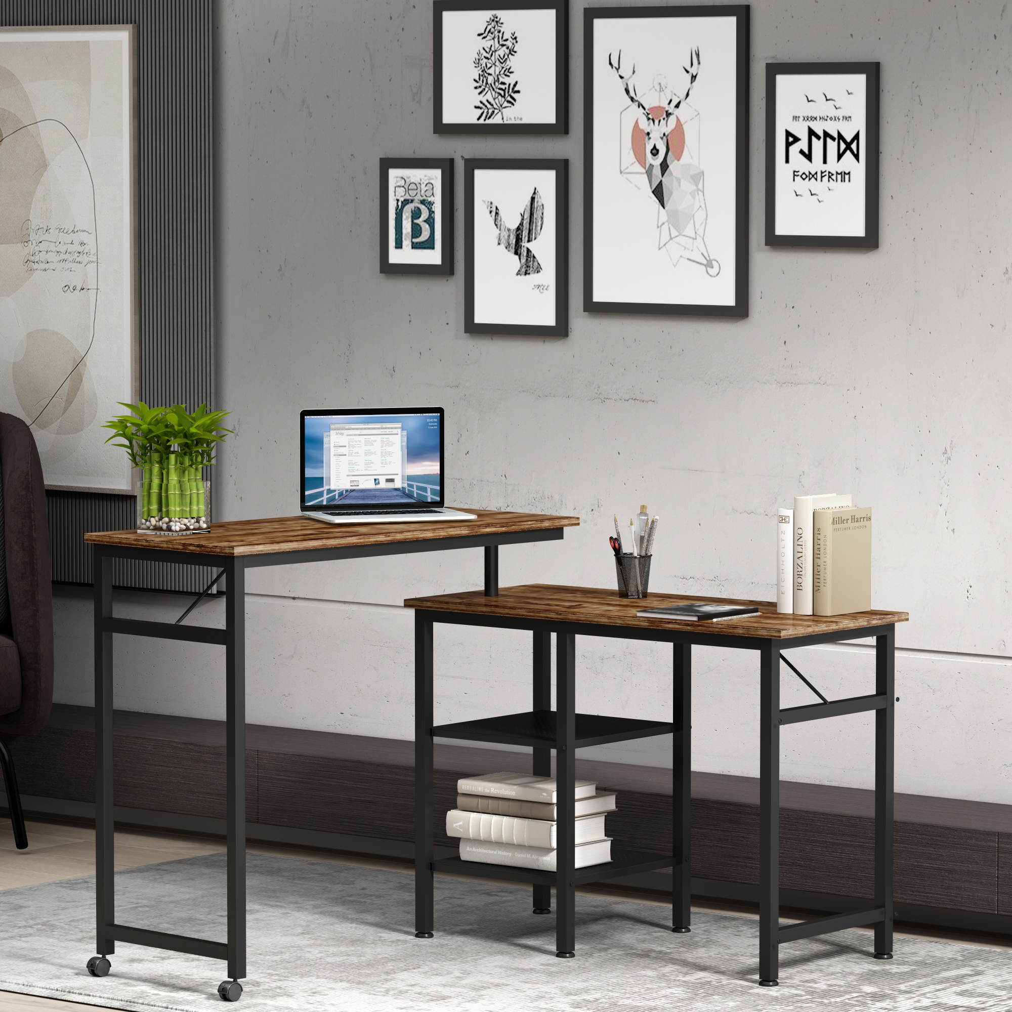 Home Office L Shaped Desk Rotating Standing Computer Desk Industrial 360 Degrees Free Rotating Corner Computer Desk Gaming Desk with Storage Shelf Brown