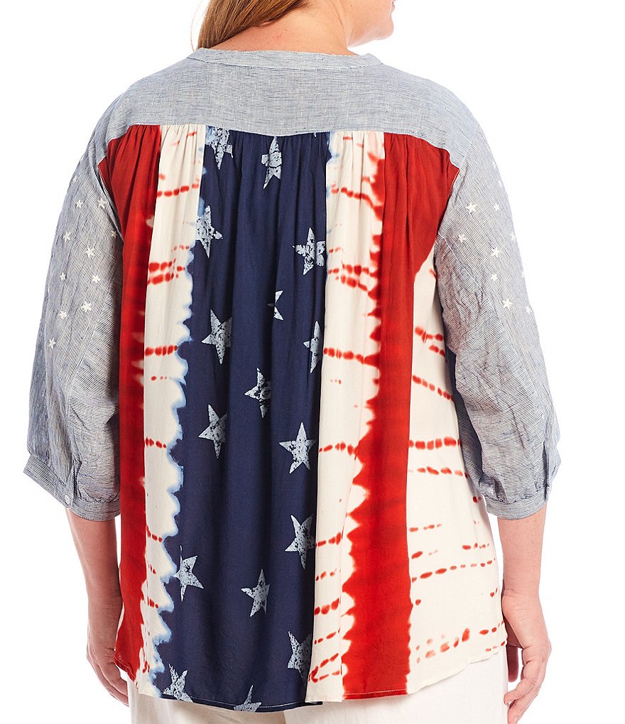 John Mark Plus Size Solid Front Band Collar 3/4 Blouson Sleeve Button-Front Placket Americana Tie Dye Back Top