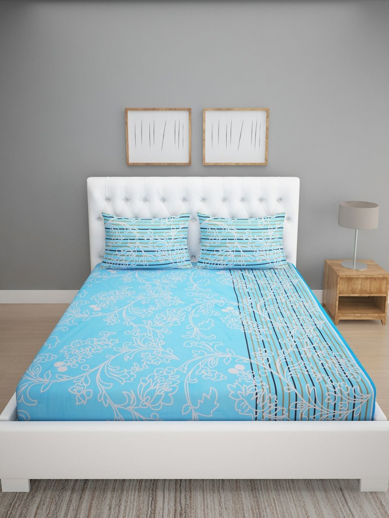 Romee Floral Blue 144 TC Cotton Queen Sized Bed Sheet with 2 Pillow Covers