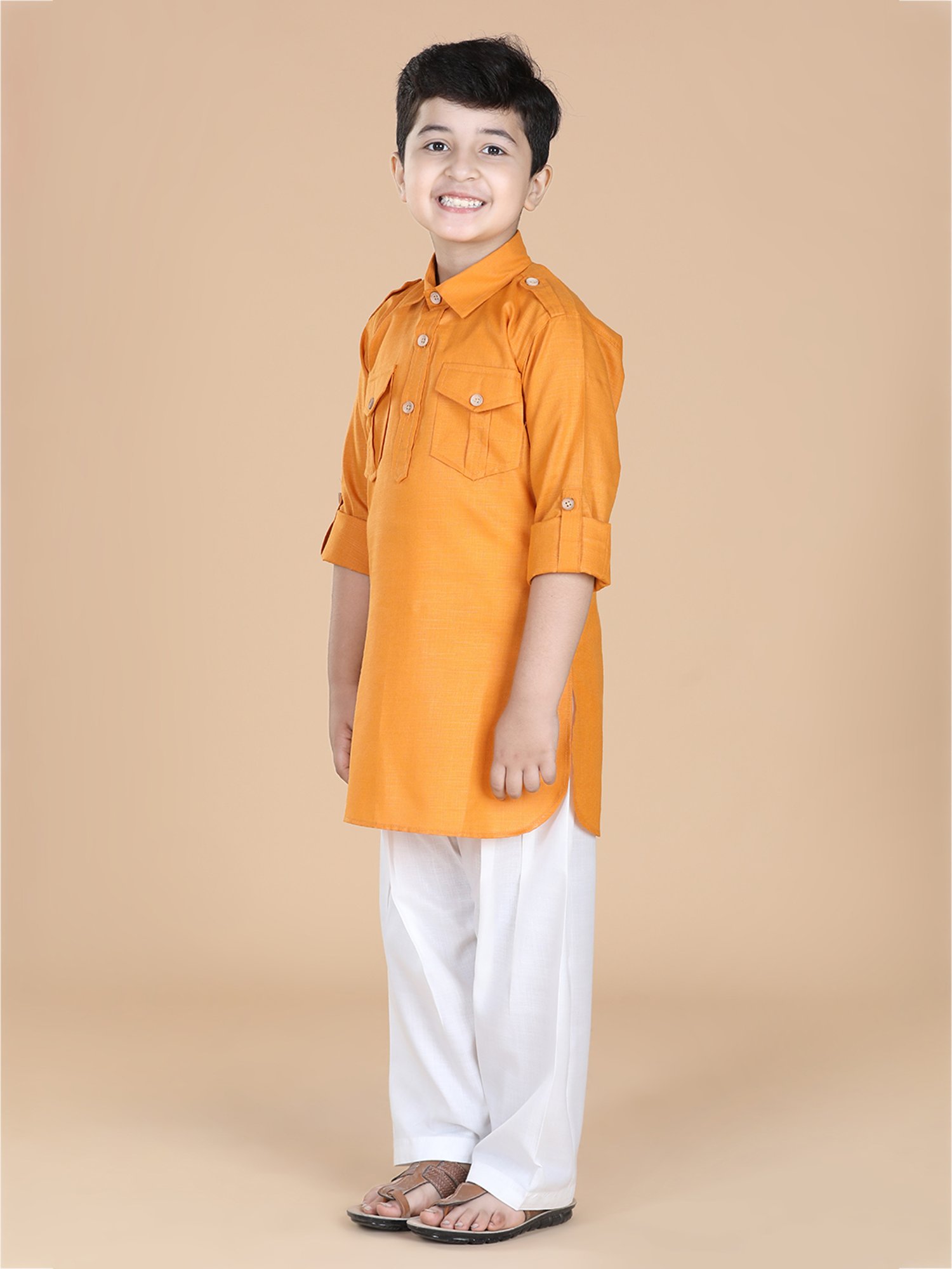 AJ Dezines Kids Mustard & White Solid Full Sleeves Kurta with Salwar