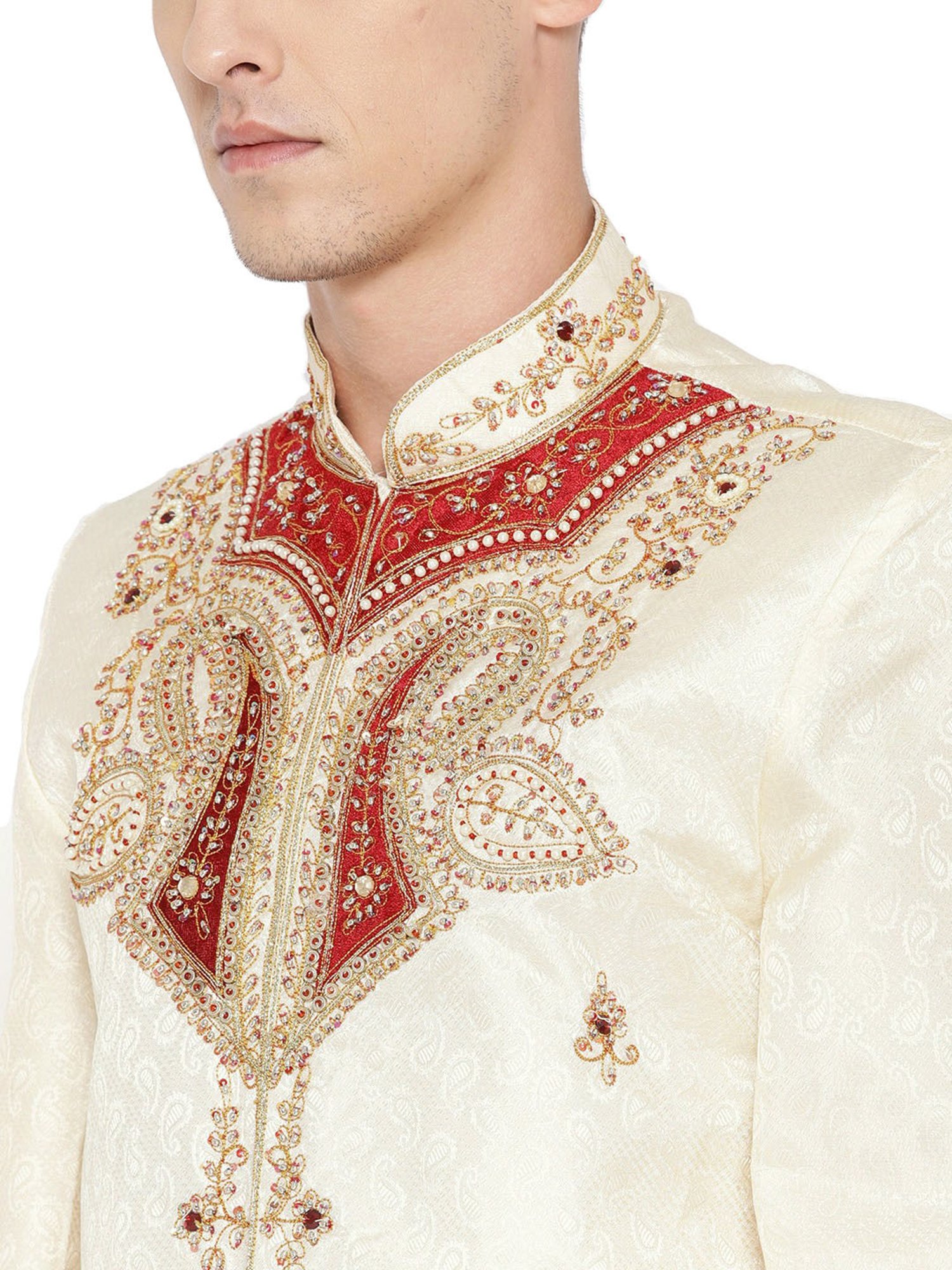 SG LEMAN Light Lemon Regular Fit Embellished Sherwani Set