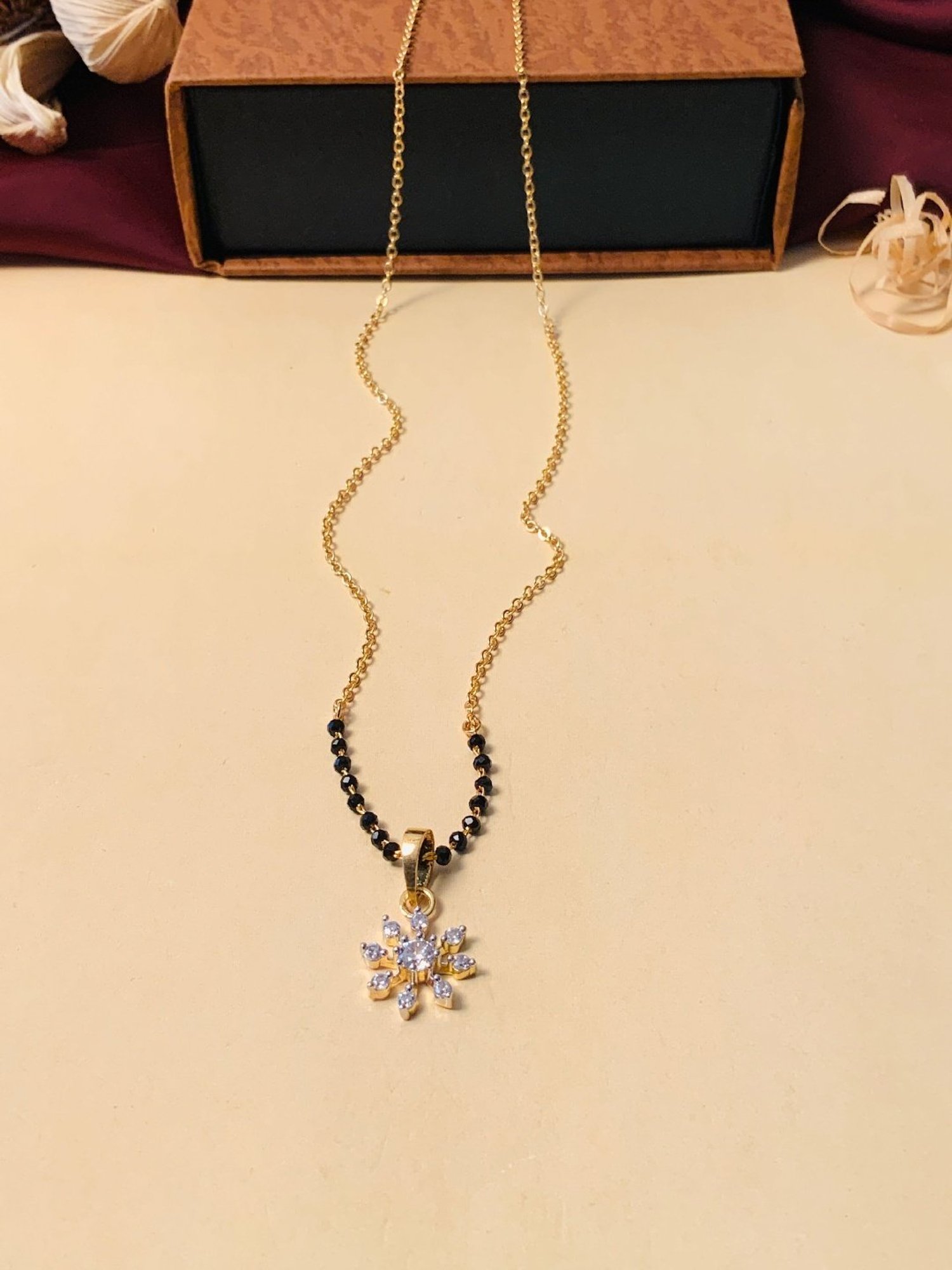 Abdesigns Gold-Plated American Diamond & Black Beaded Mangalsutra