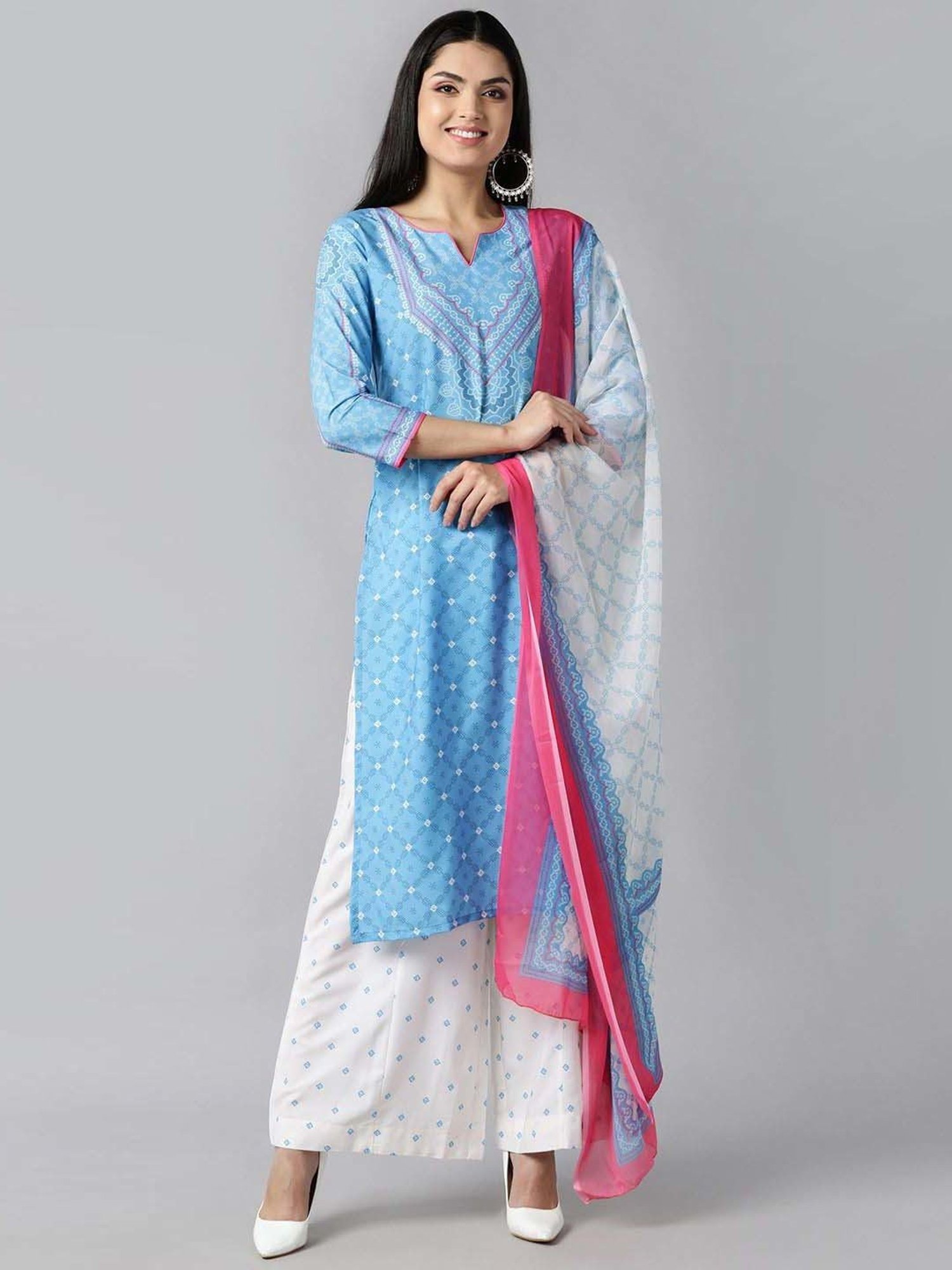 Vaamsi Blue & White Printed Kurta Palazzo Set With Dupatta