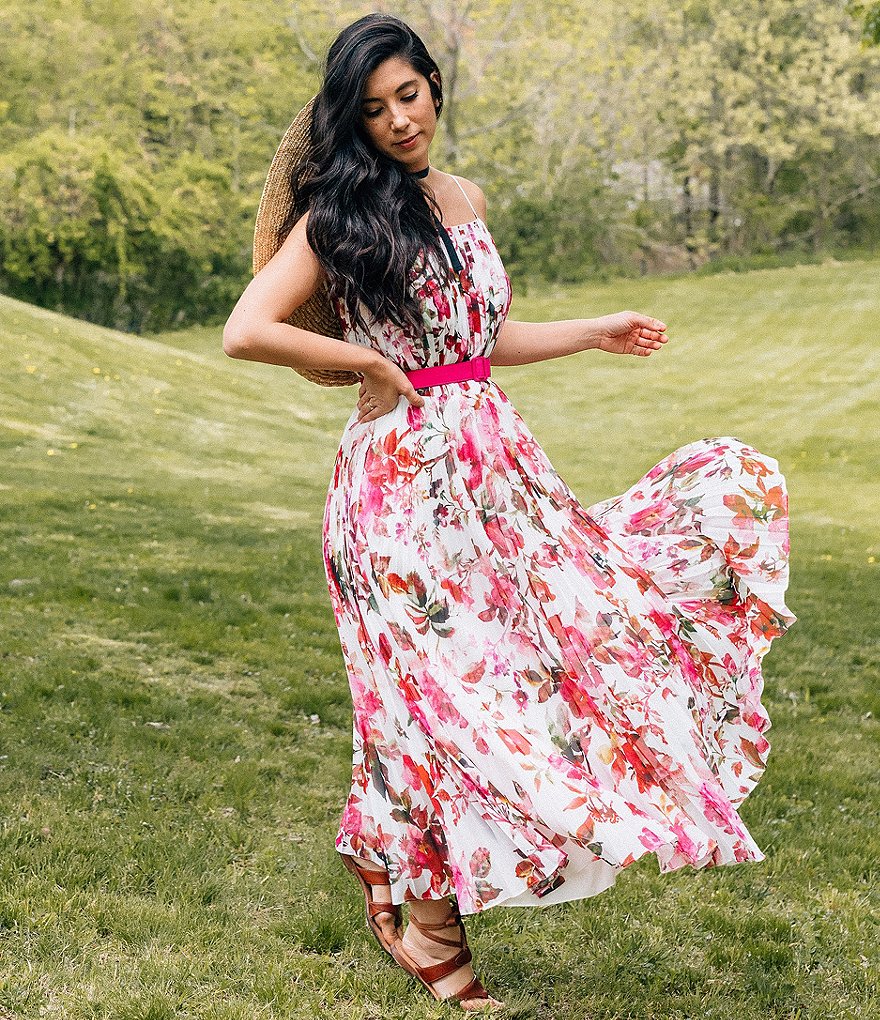 Kay Unger Sia Floral Apple Blossom Pleated Midi Dress