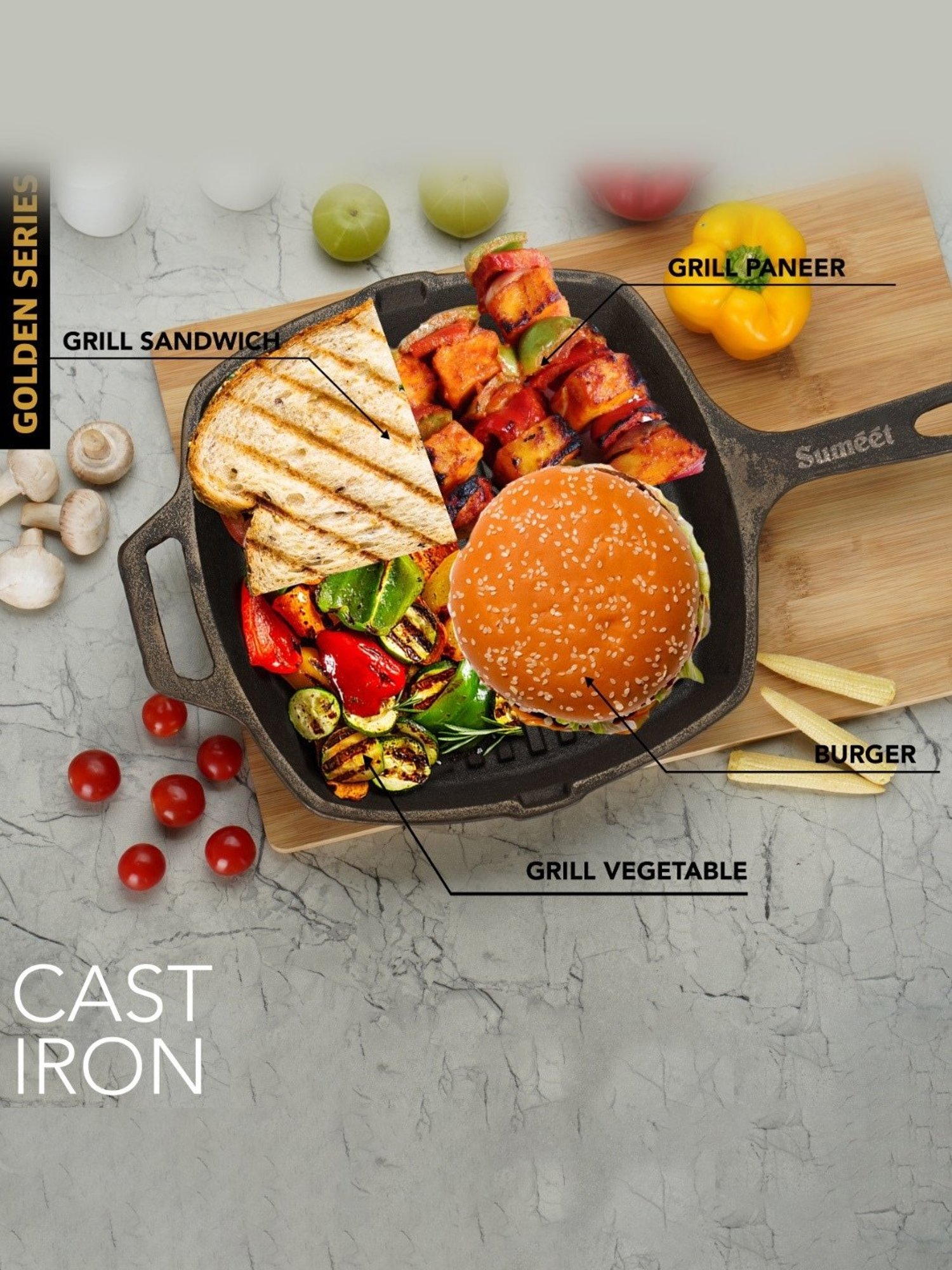 Sumeet Gold Pre Seasoned Cast Iron Grill Pan for Grill/Roast-28cm,3.180kg,Gas&Induction-Friendly