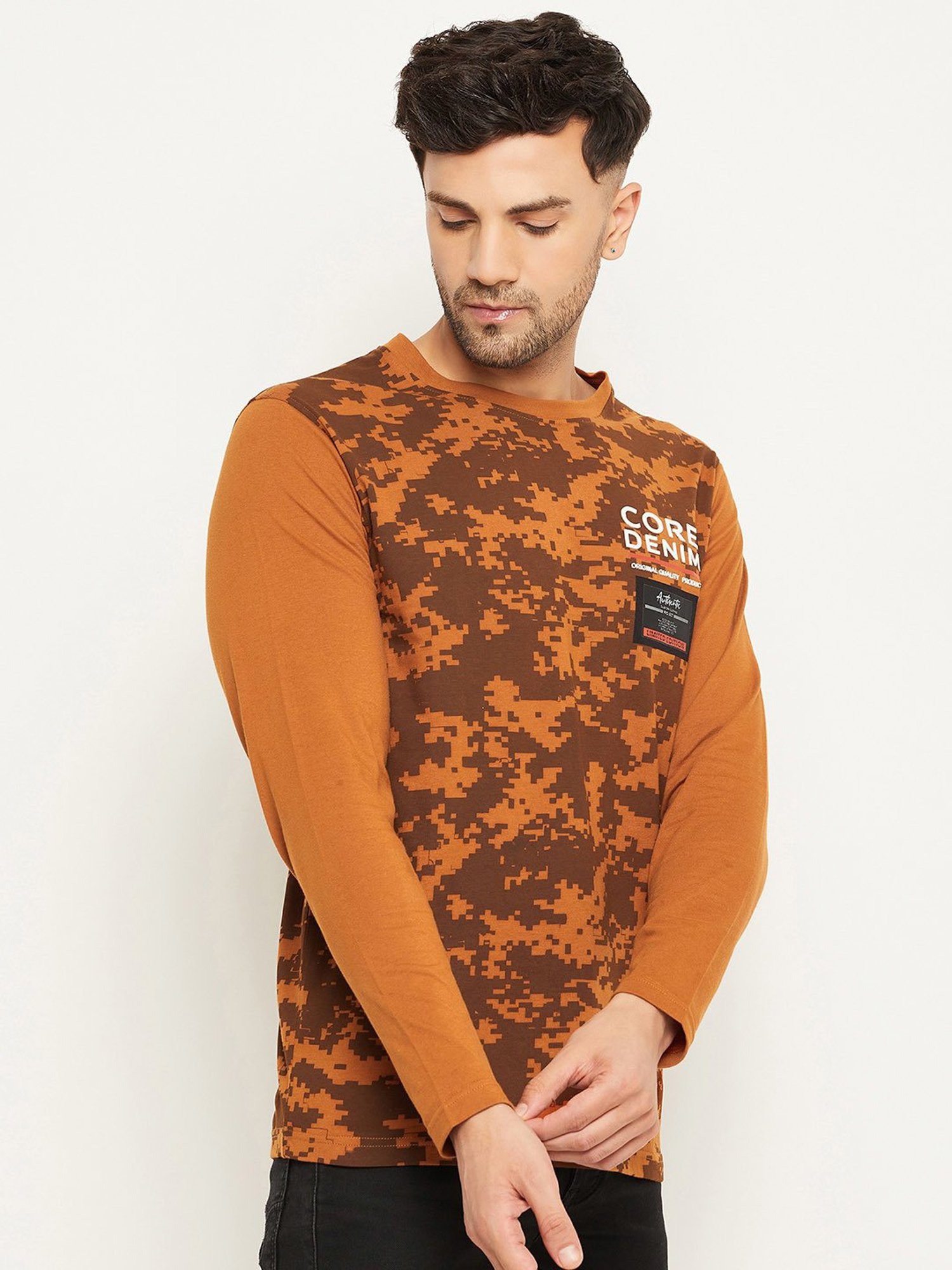 Club York Brown Regular Fit Printed Crew T-Shirt