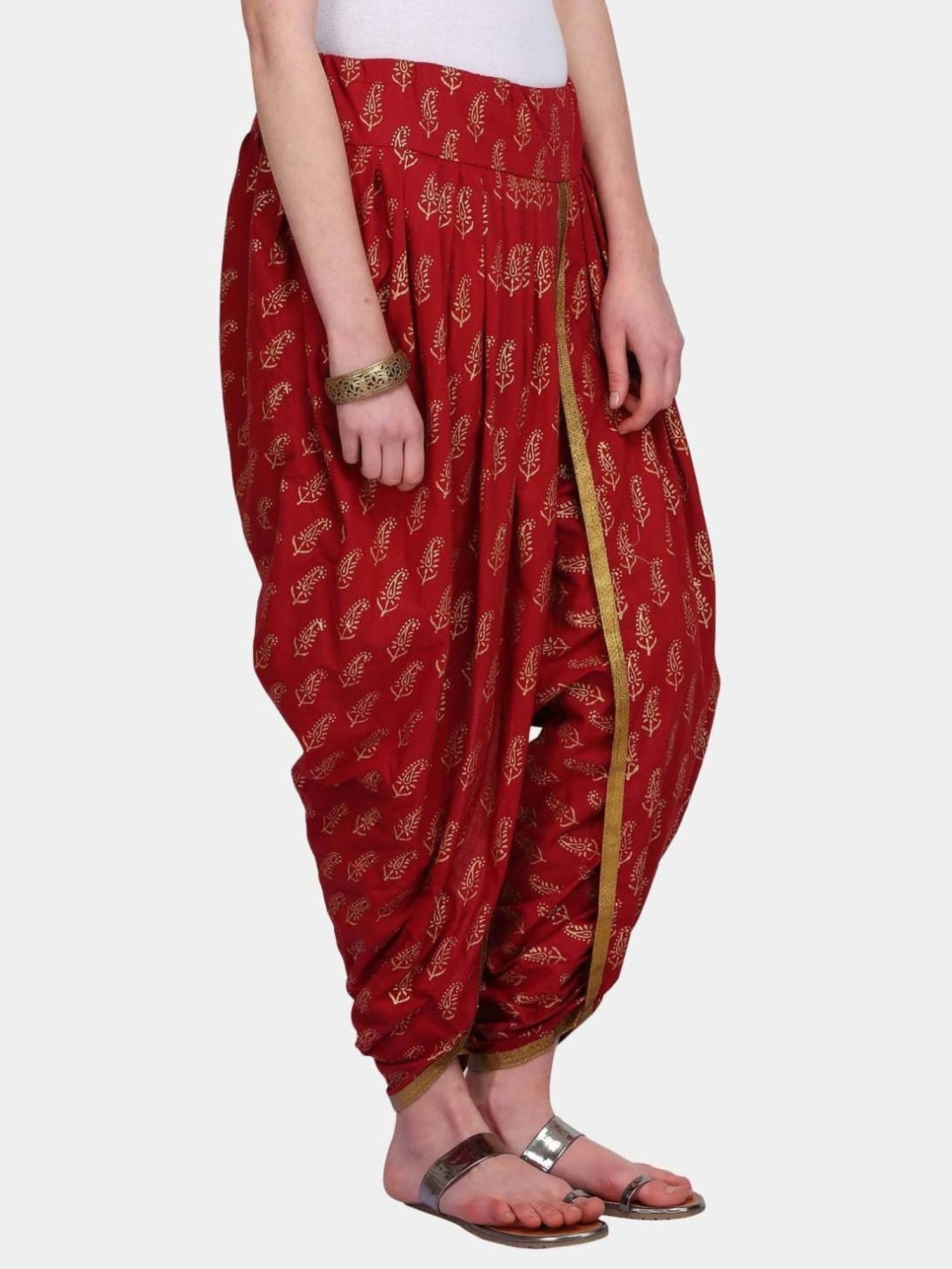 Kaanchie Nanggia Red Cotton Printed Dhoti Pants