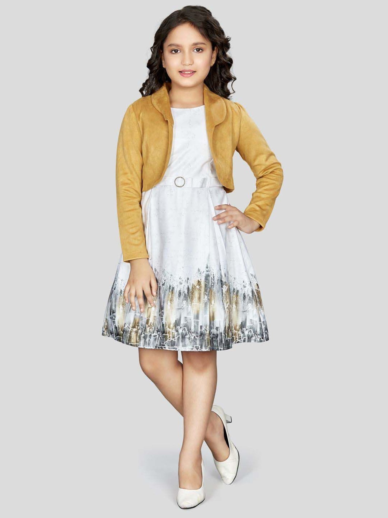 Peppermint Girls Mustard & Blue Printed Dress