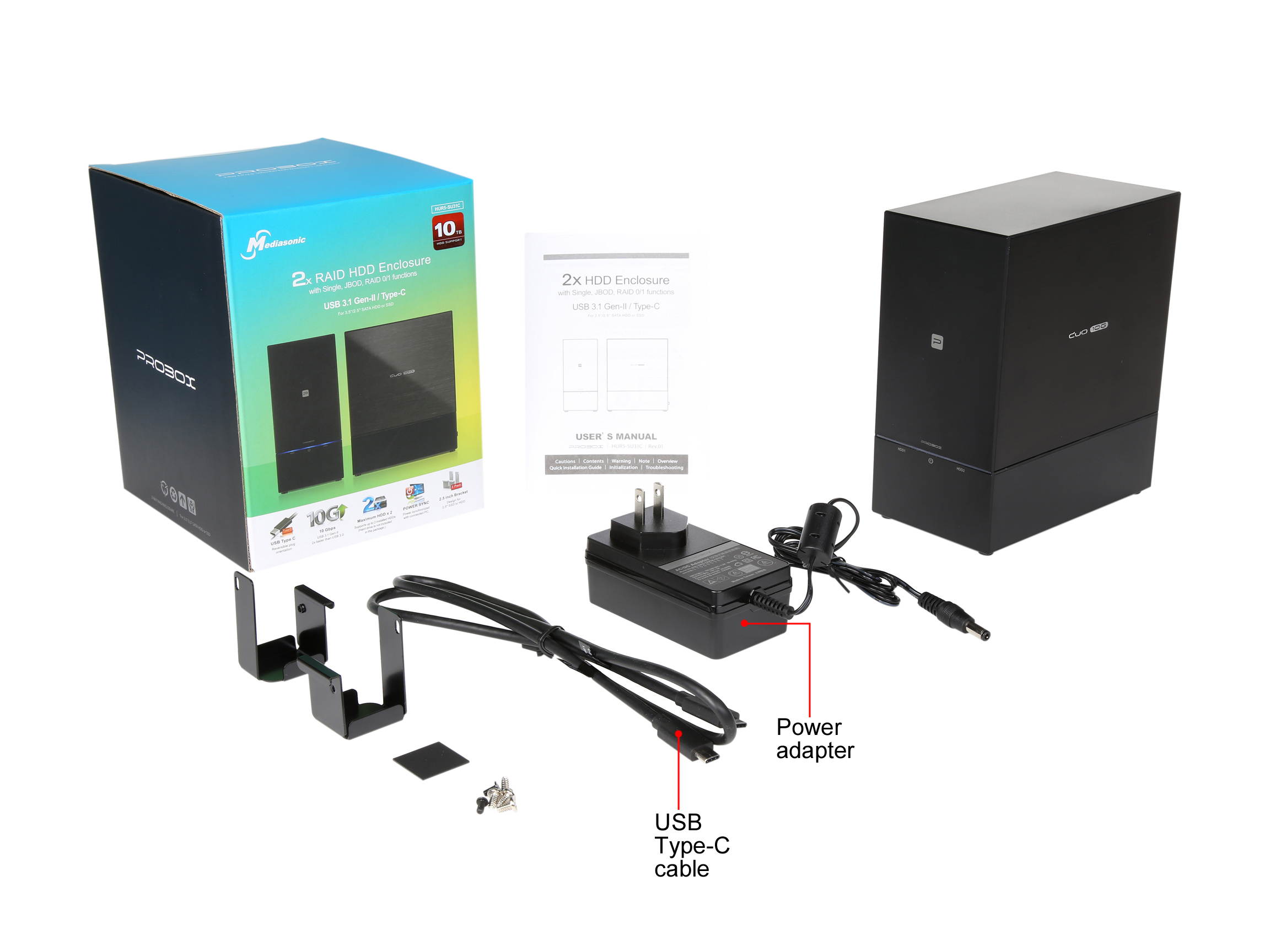Mediasonic ProRaid HUR5-SU31C 2 Bay 2.5-inch & 3.5-inch SATA Hard Drive Enclosure - USB 3.1 GEN-II 10 Gbps & USB-C