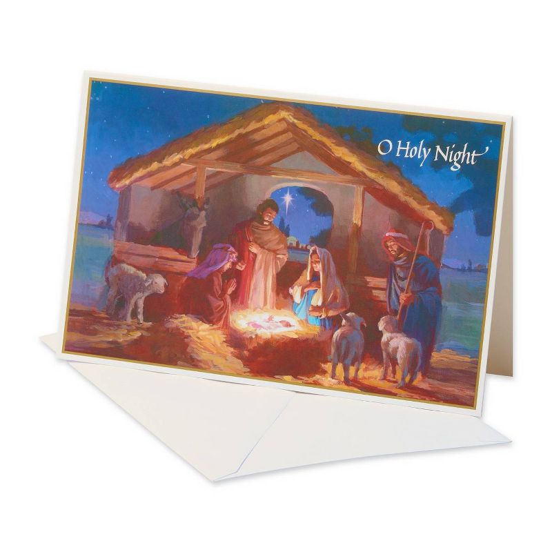 14ct Manger At Night Christmas Boxed Greeting Cards & White Envelopes