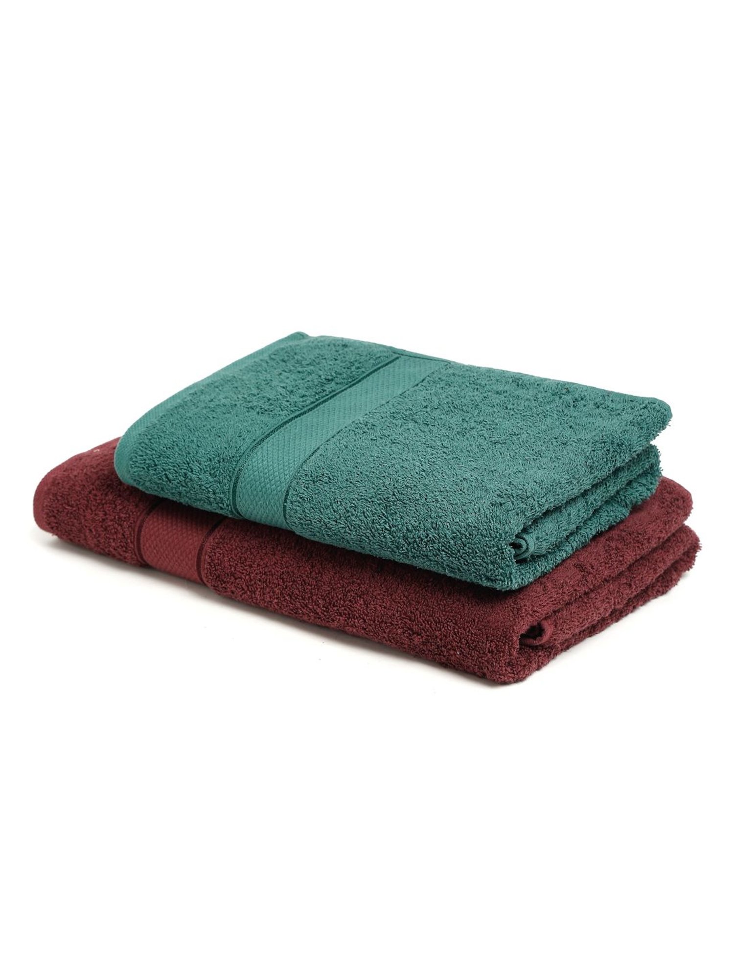 Creeva Wine & Dark Green 525 GSM Cotton Bath Towel Set of 2