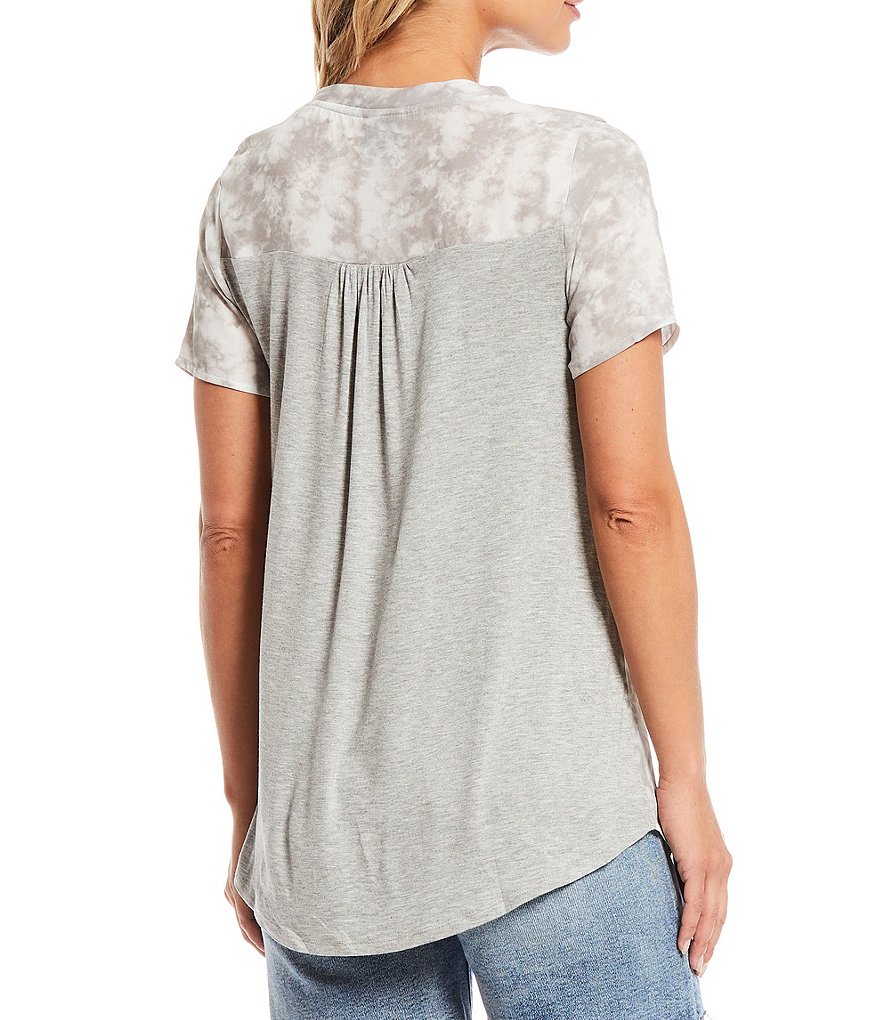 Bobeau Tie Dye Front Print V-Neck Short Sleeve Mixed Media Solid Back Top