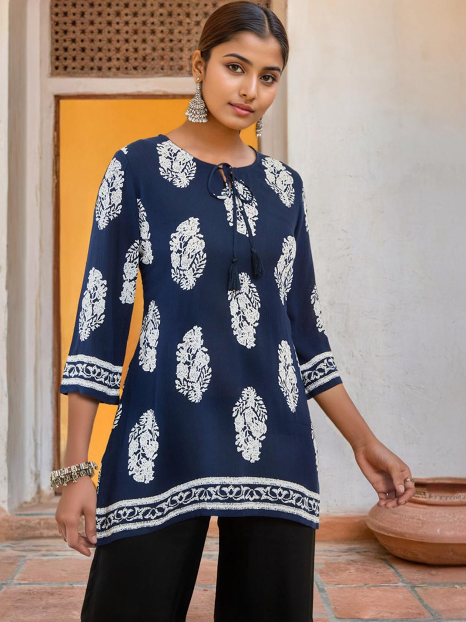 Soch Navy Blue Crepe Floral Print Round-Neck Tunic with Vented Hemline