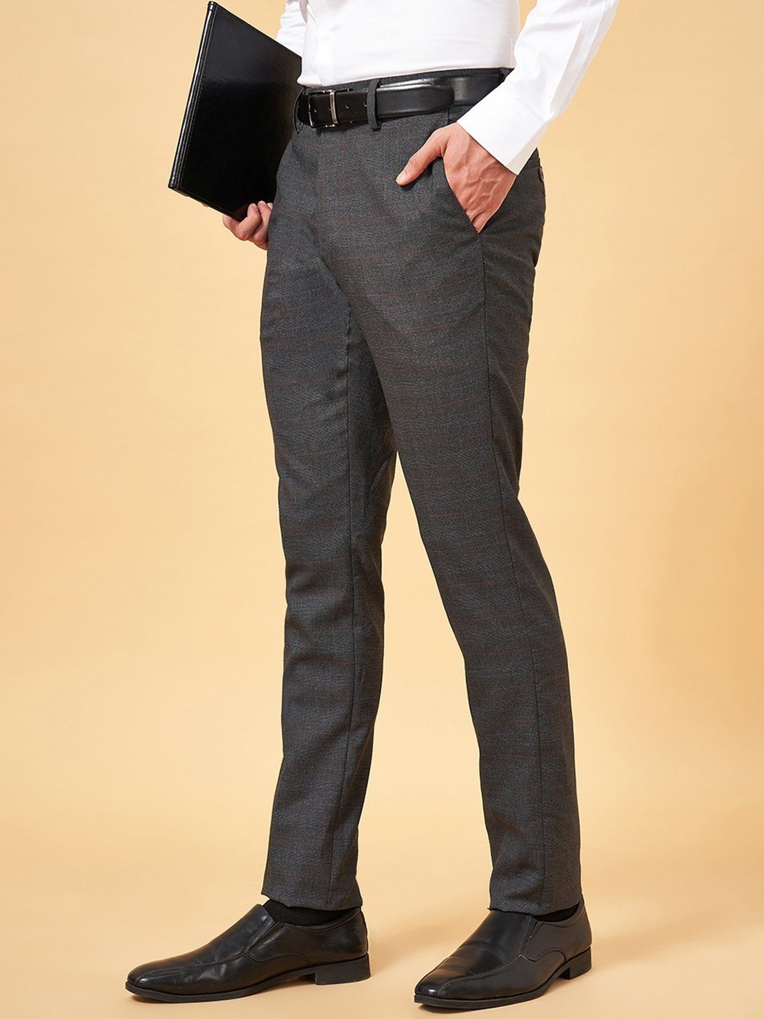 Byford By Pantaloons Charcoal Gray Slim Fit Checks Trousers
