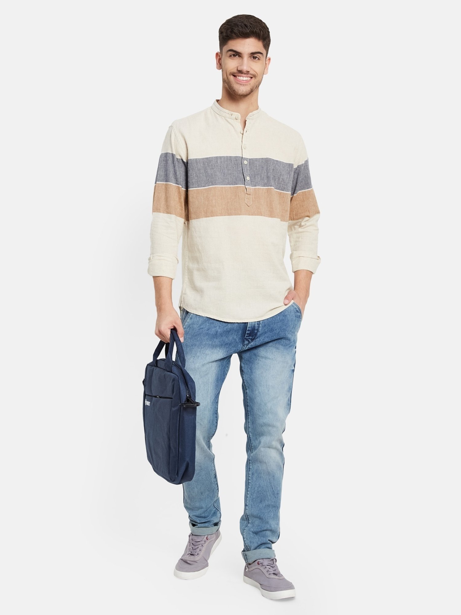 METTLE Natural Cotton Regular Fit Colour Block Shirt