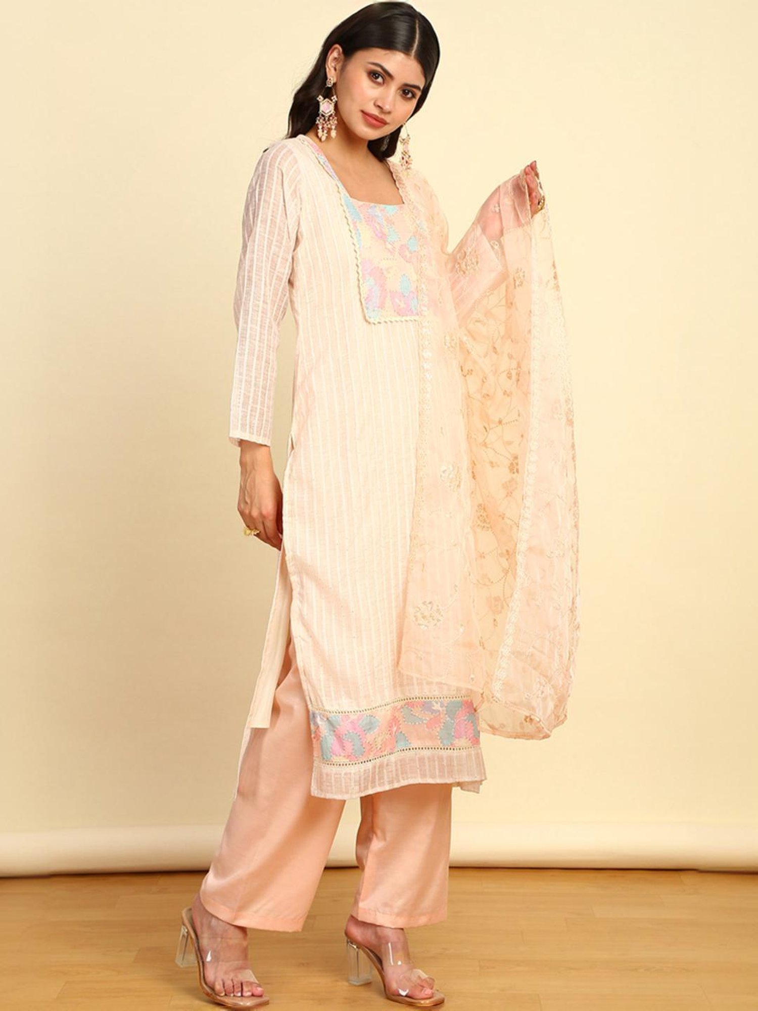 Soch Womens Peach Chanderi Unstitched Dress Material With Sequins