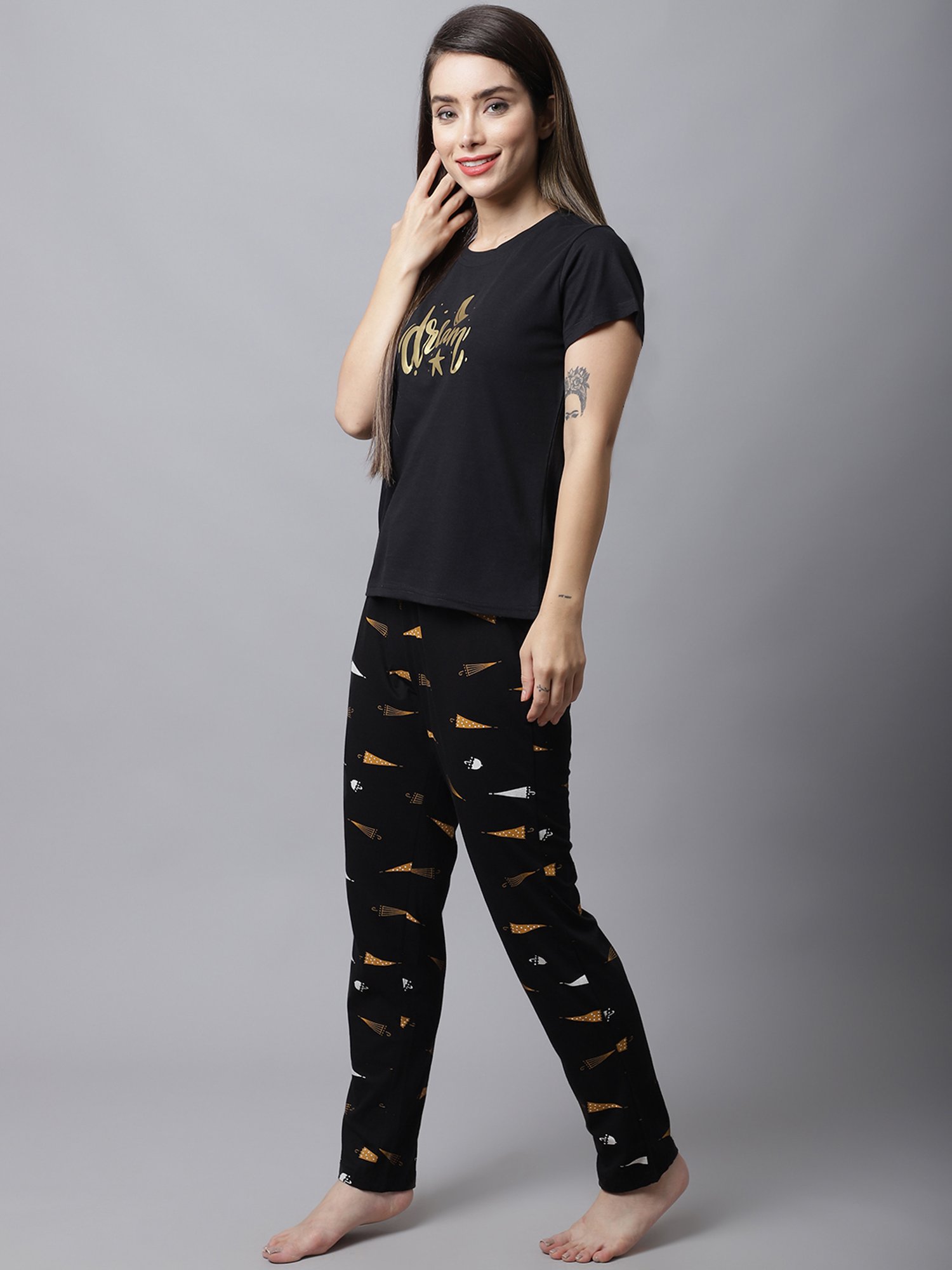 Boston Club Black Cotton Printed Top Pyjama Set