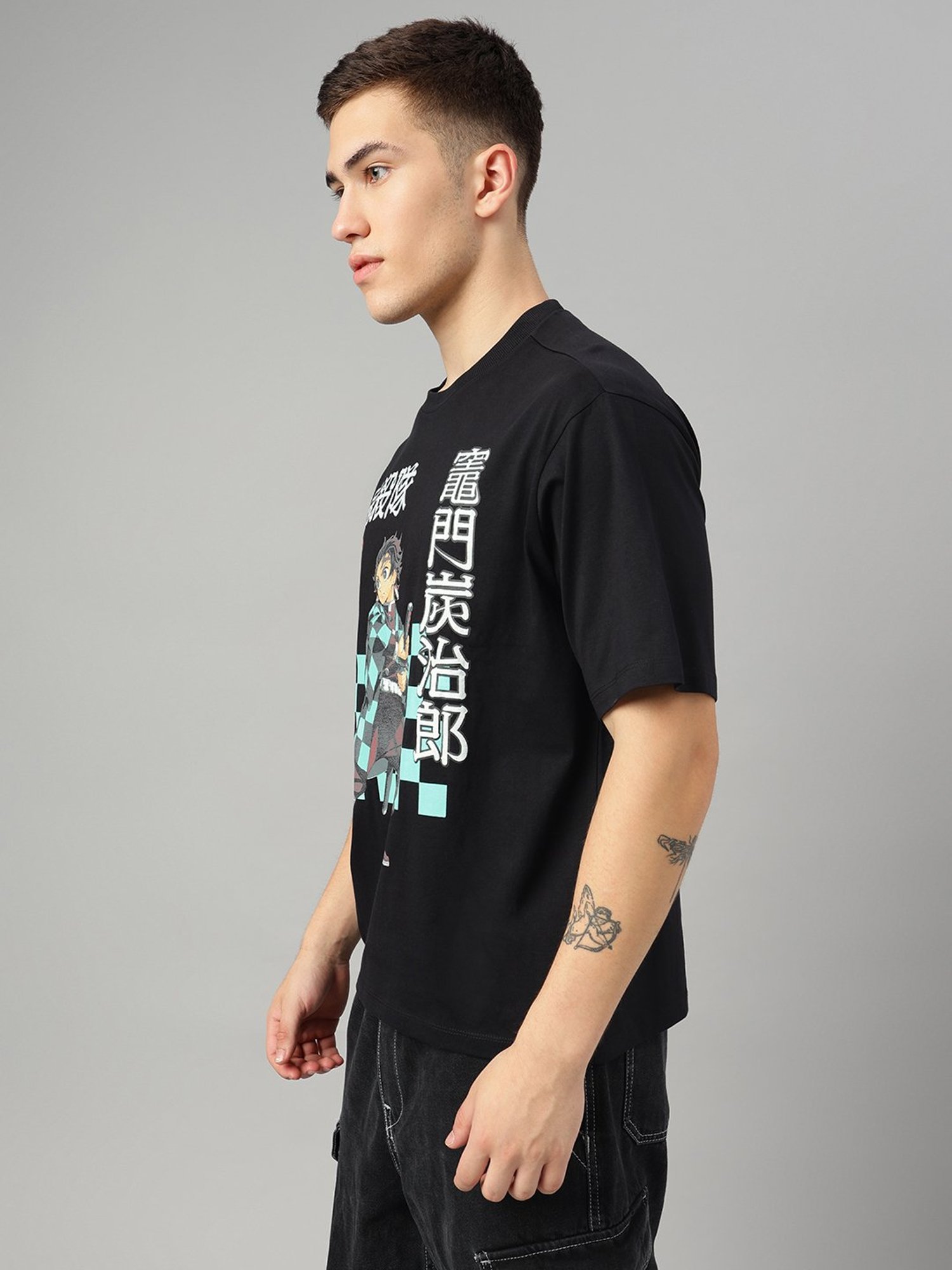 Free Authority Black Loose Fit Demon Slayer Print T-Shirt