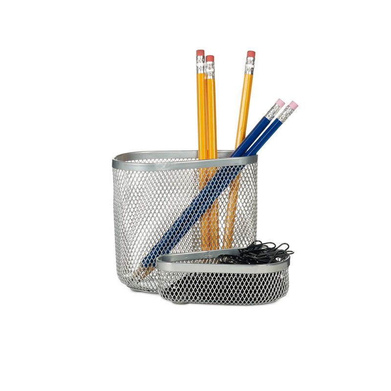 Design Ideas Two Compartment Desk Organizer - Mesh Desk Buddy Supplies Organizer - Silver, 5" x 4.5" x 4"