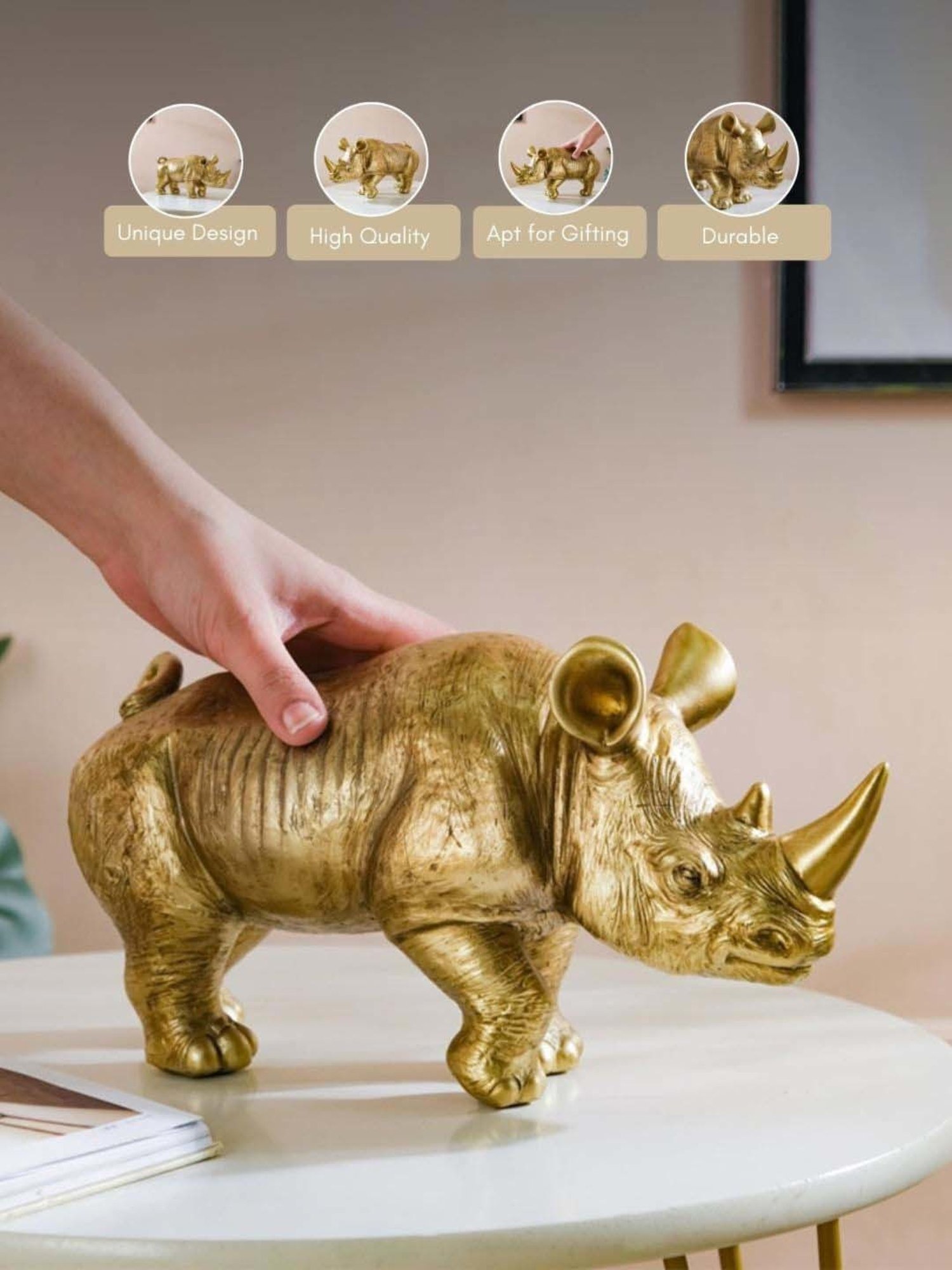 Nestasia Golden Durable Resin Made Artistic Rhino Showpiece With Anti-Skid Base Perfect For Gifting
